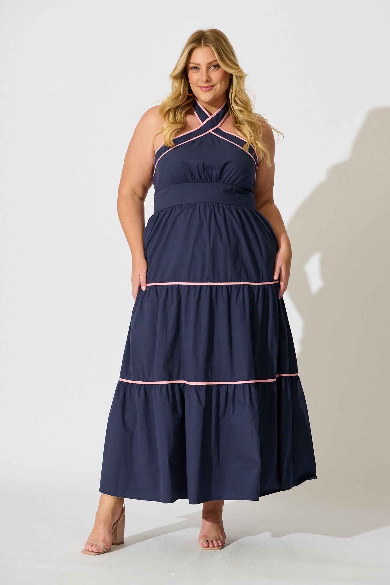 Celandine Halter Neck Maxi Dress in Navy Cotton