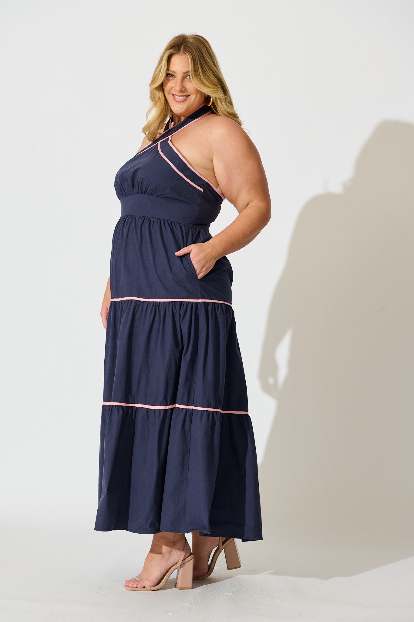 Celandine Halter Neck Maxi Dress in Navy Cotton