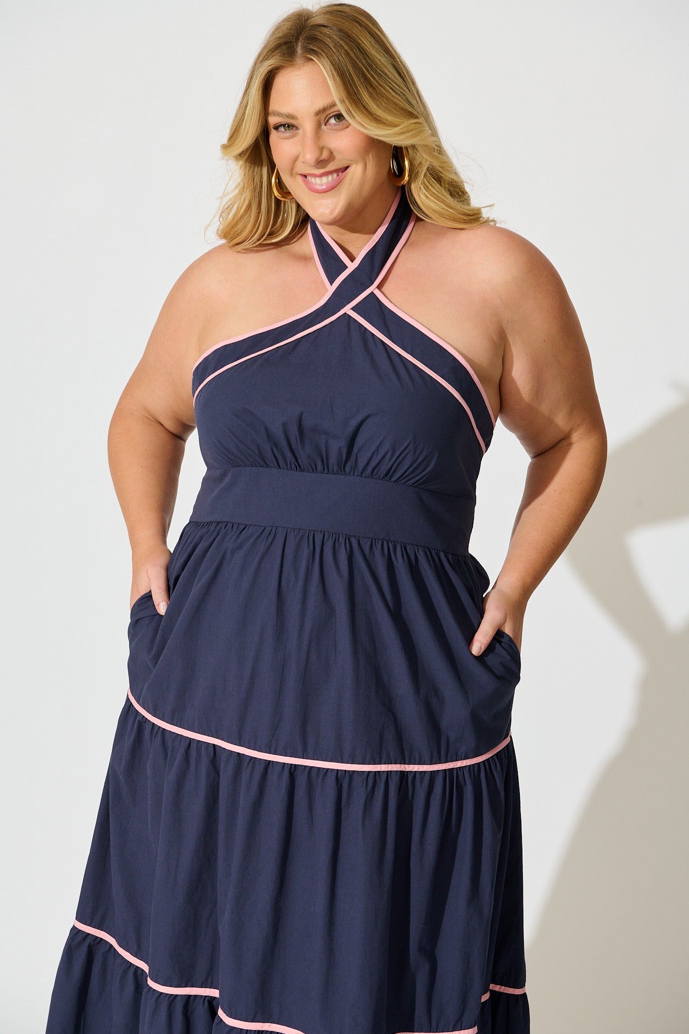 Celandine Halter Neck Maxi Dress in Navy Cotton