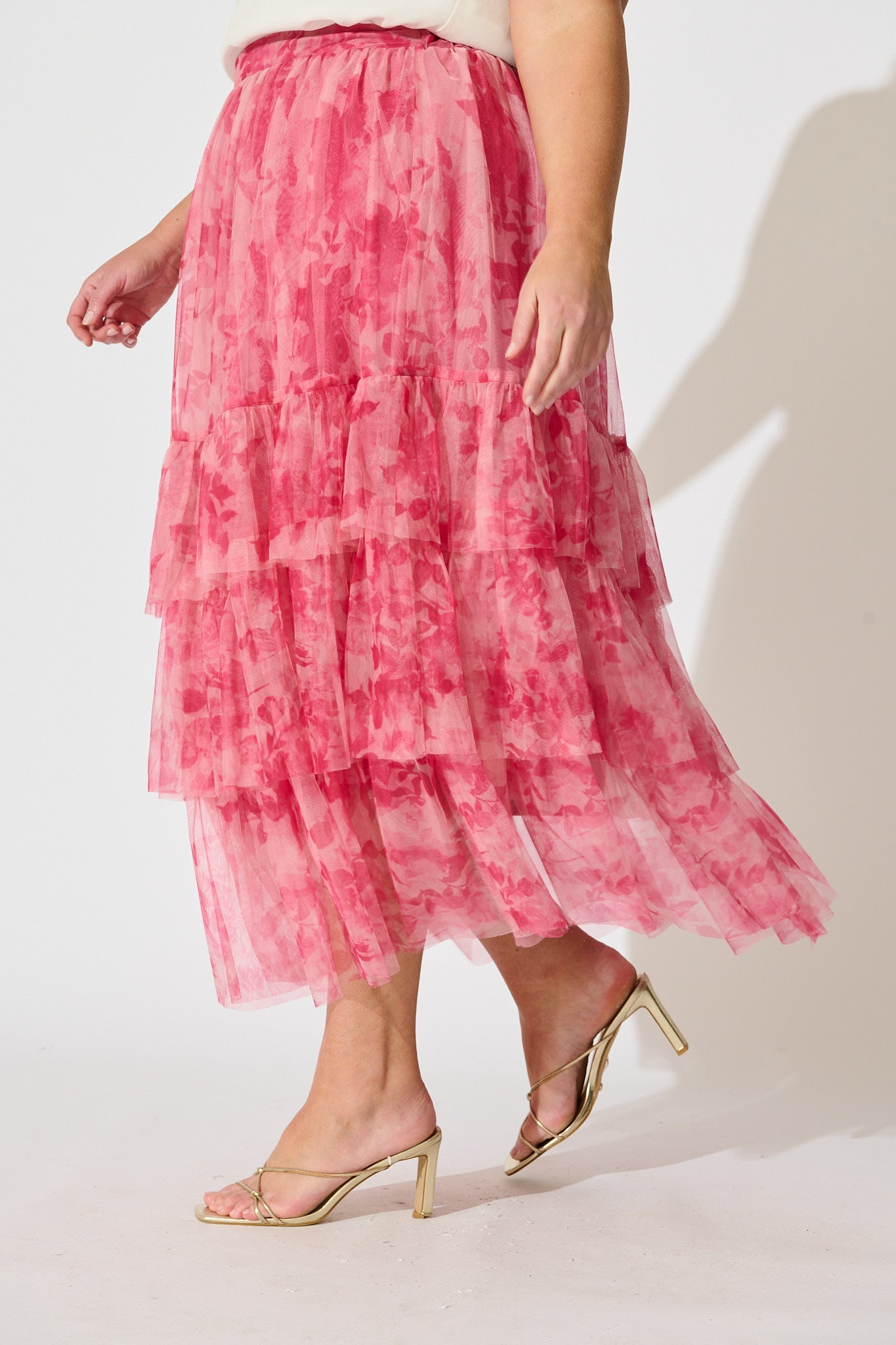 Sky Bloom Midi Skirt in Pink Floral Tulle