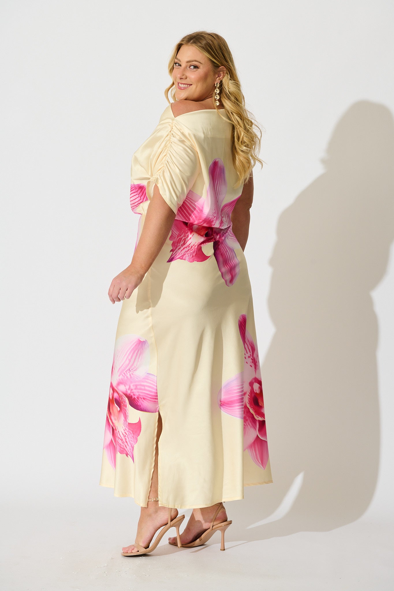 Sarita Maxi Off Shoulder Dress in Butter Yellow Floral Satin