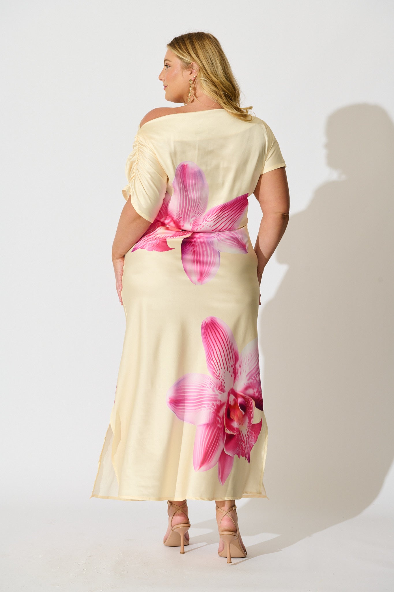 Sarita Maxi Off Shoulder Dress in Butter Yellow Floral Satin