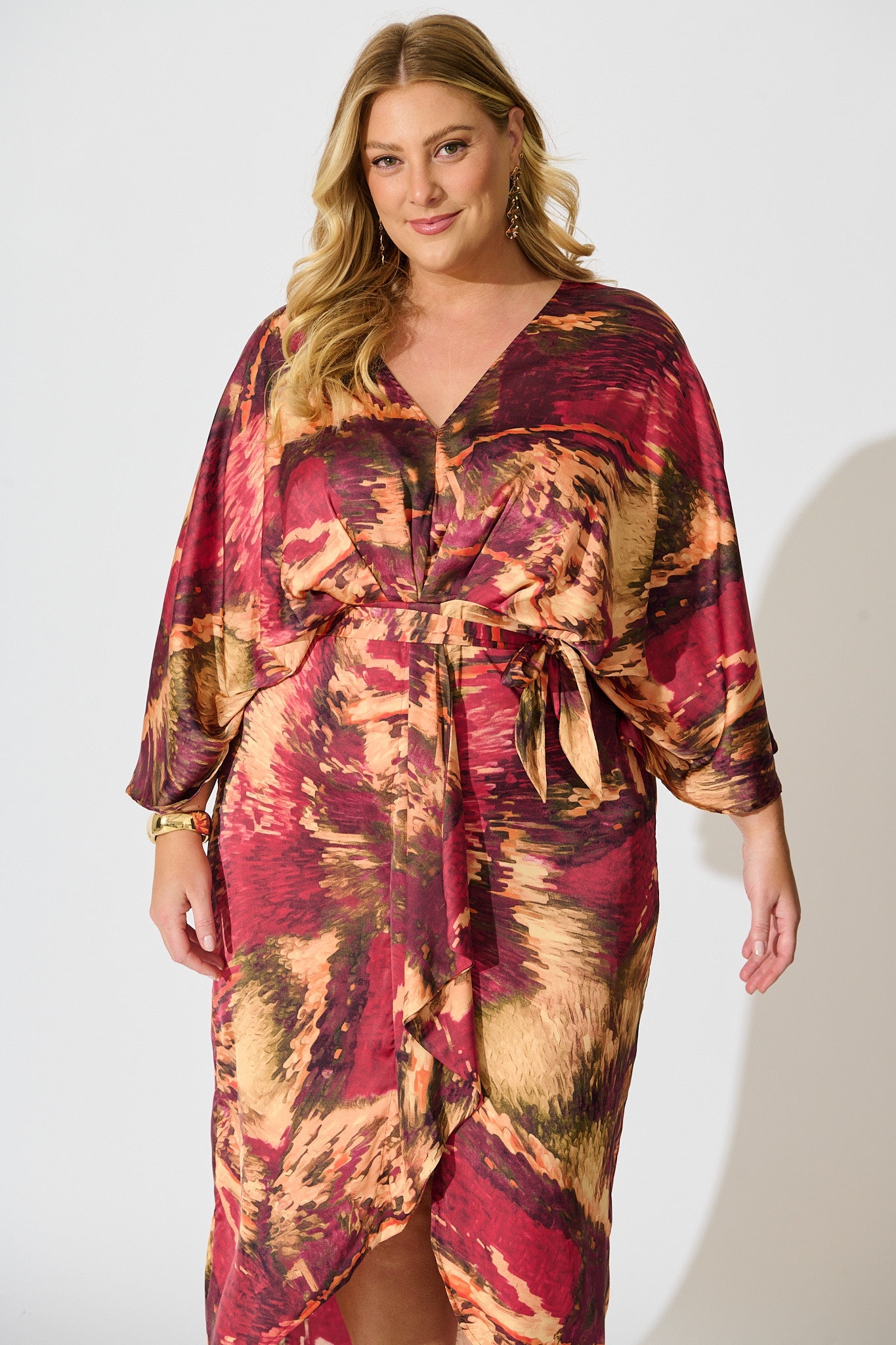 Joyful Midi Dress in Multi Watercolour Satin