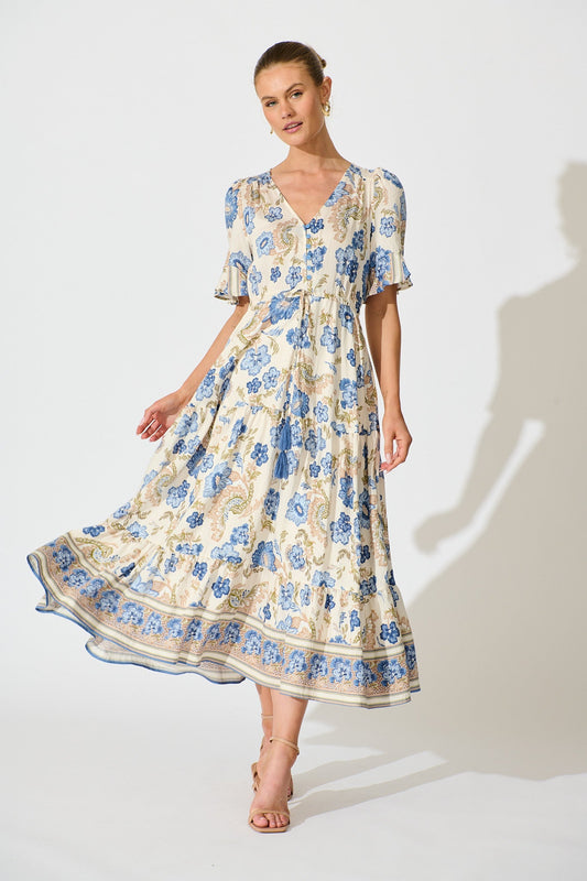 Alessa Maxi Dress in White with Blue Floral