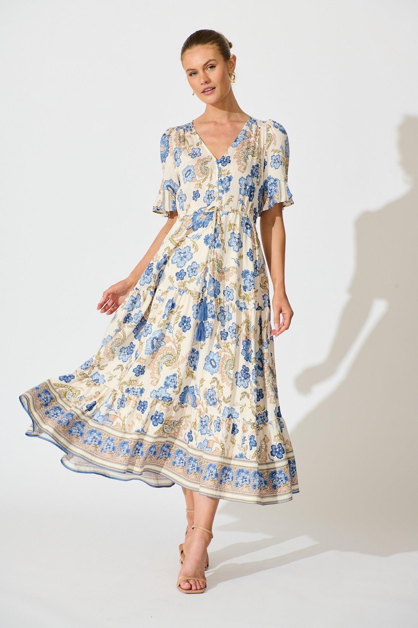 Alessa Maxi Dress in White with Blue Floral