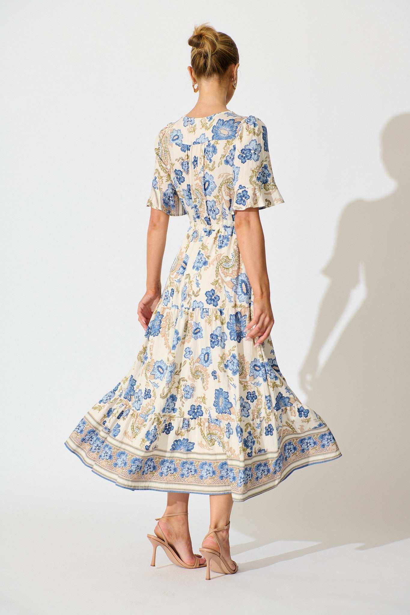 Alessa Maxi Dress in White with Blue Floral