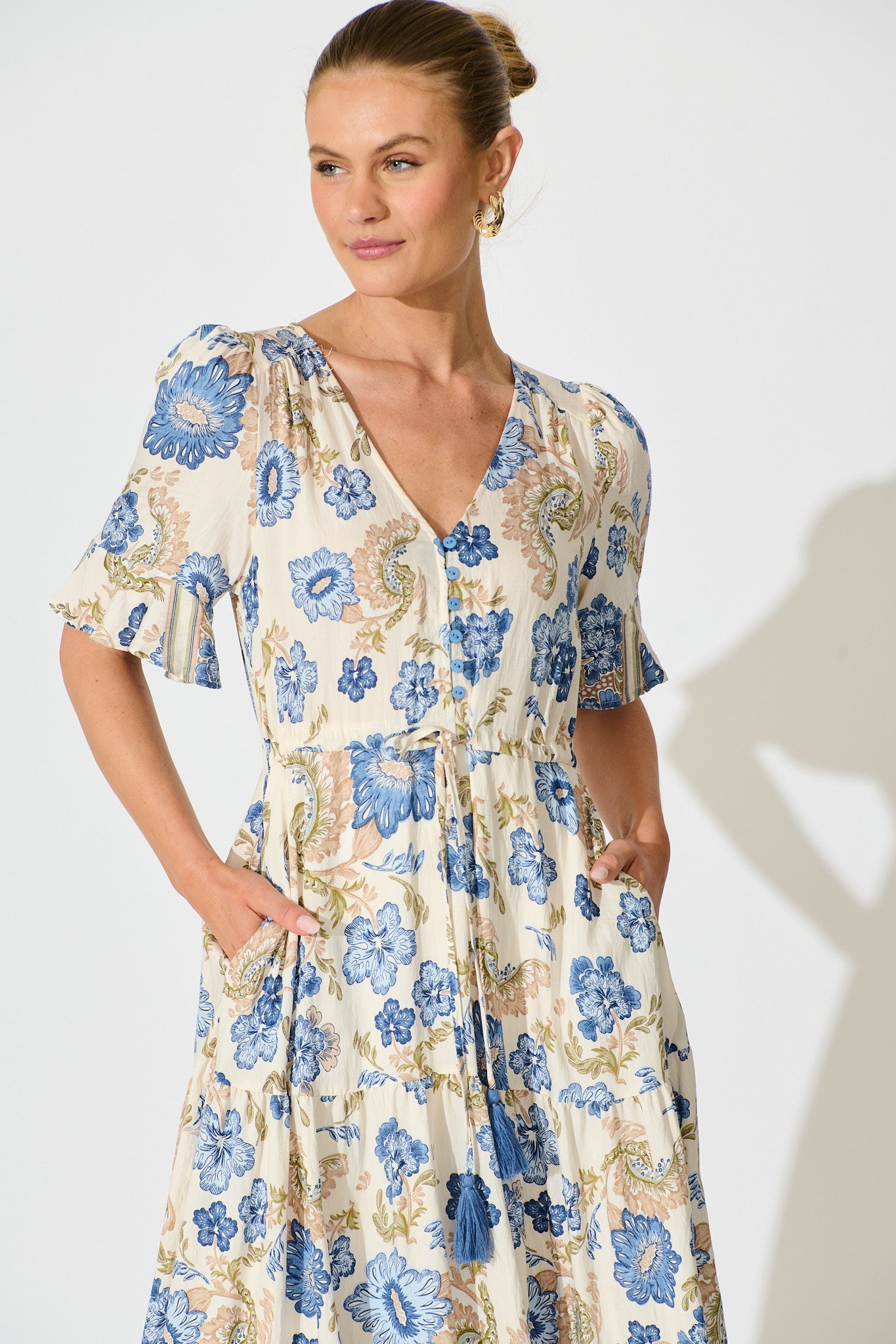 Alessa Maxi Dress in White with Blue Floral