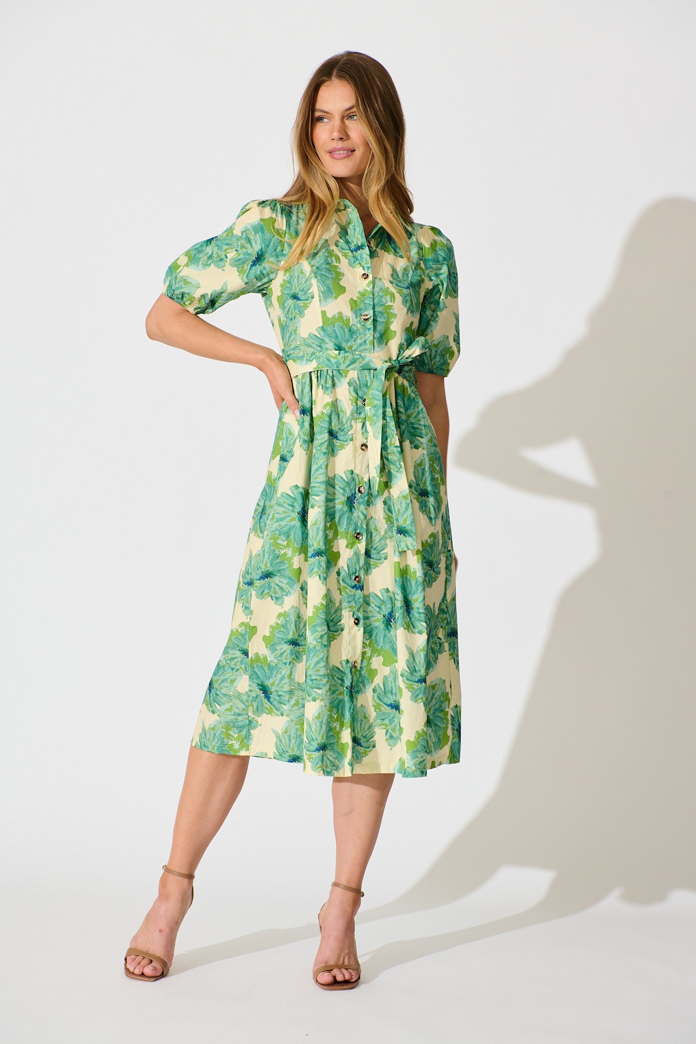 Arleth Midi Dress in Green Floral Print Cotton