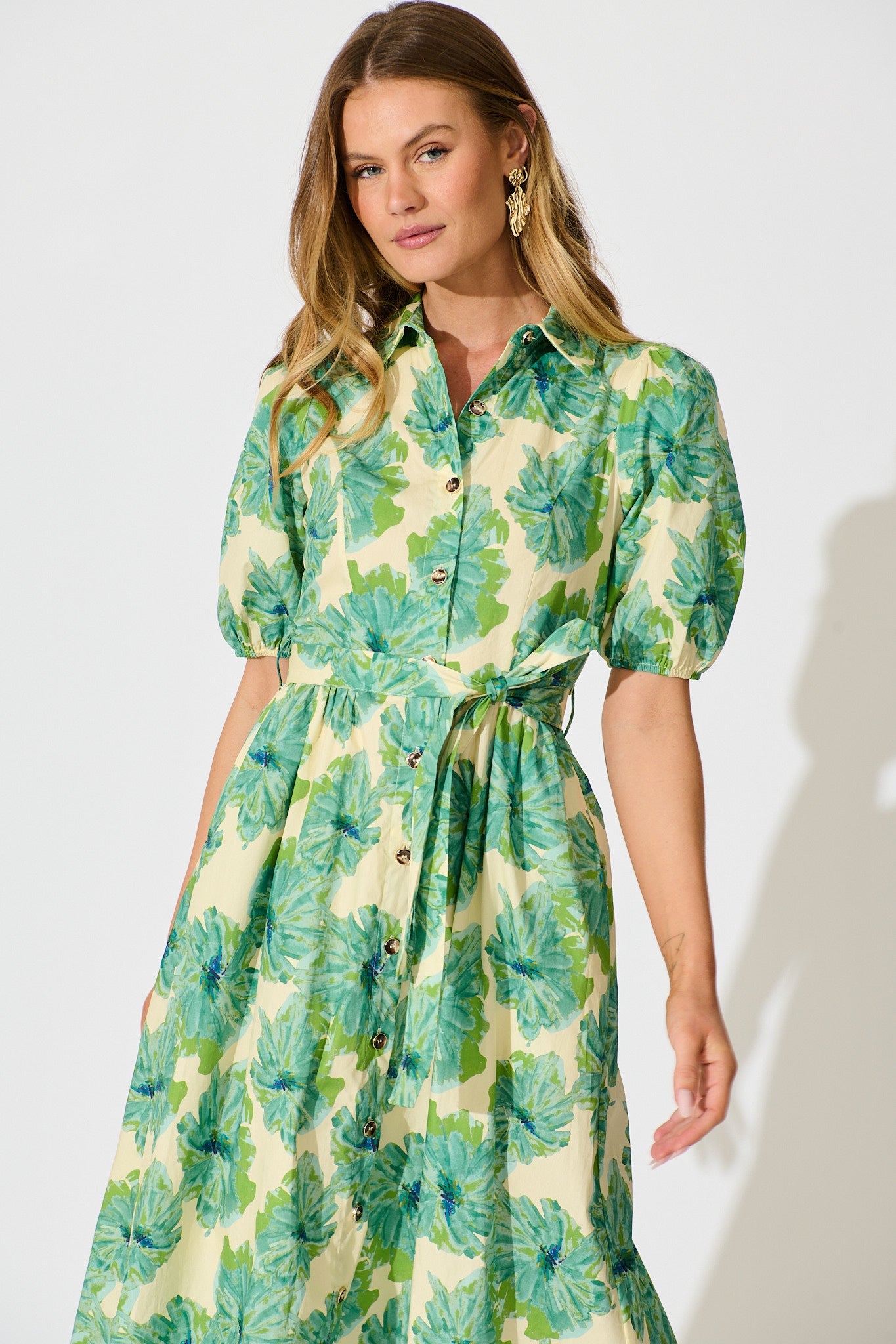 Arleth Midi Dress in Green Floral Print Cotton