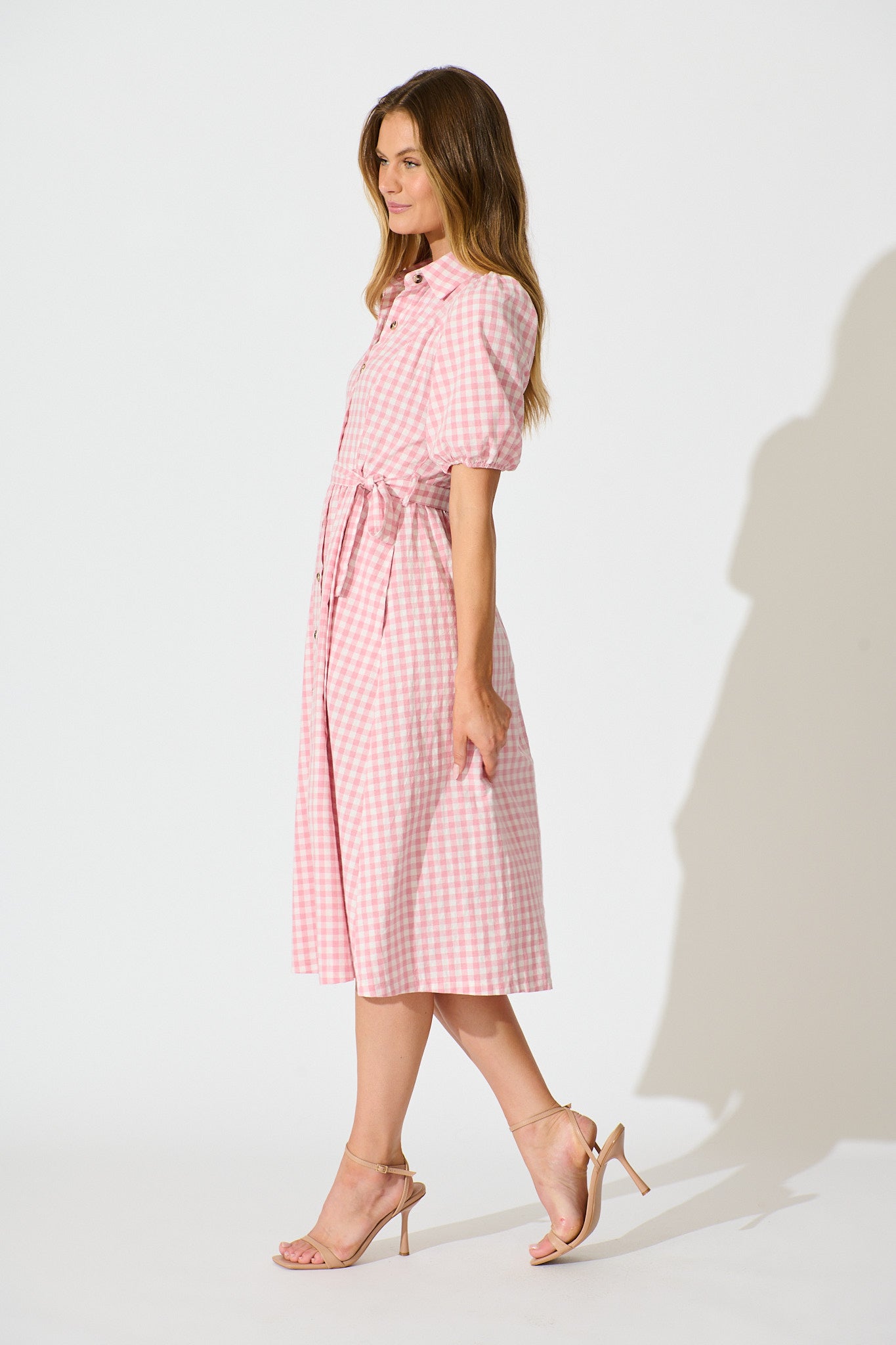 Elianna Midi Shirt Dress in Pink and White Gingham Cotton