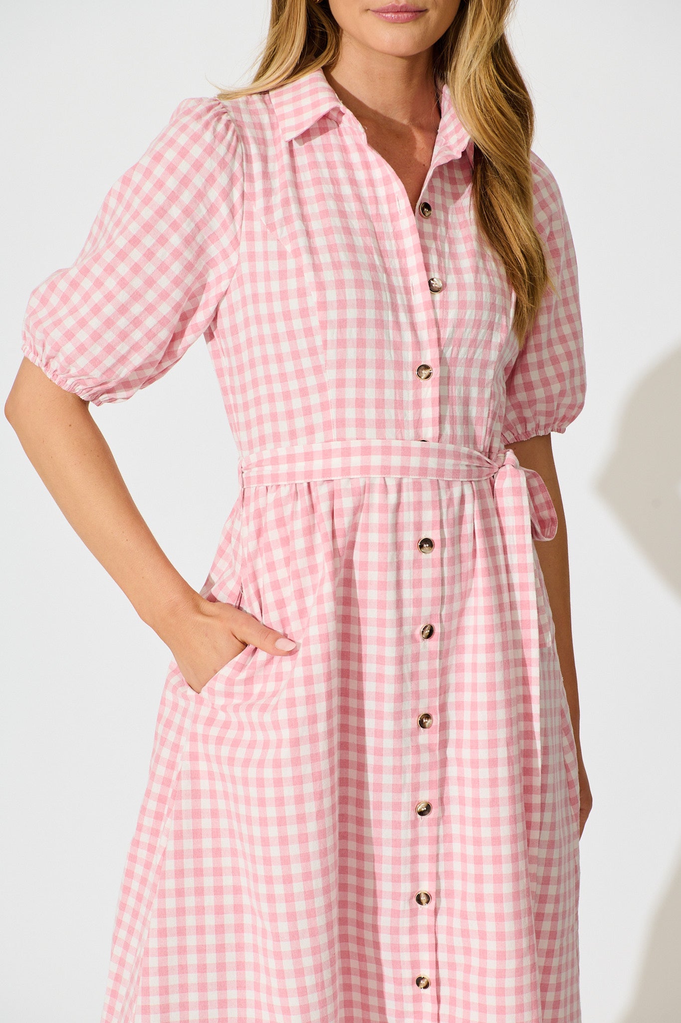 Elianna Midi Shirt Dress in Pink and White Gingham Cotton