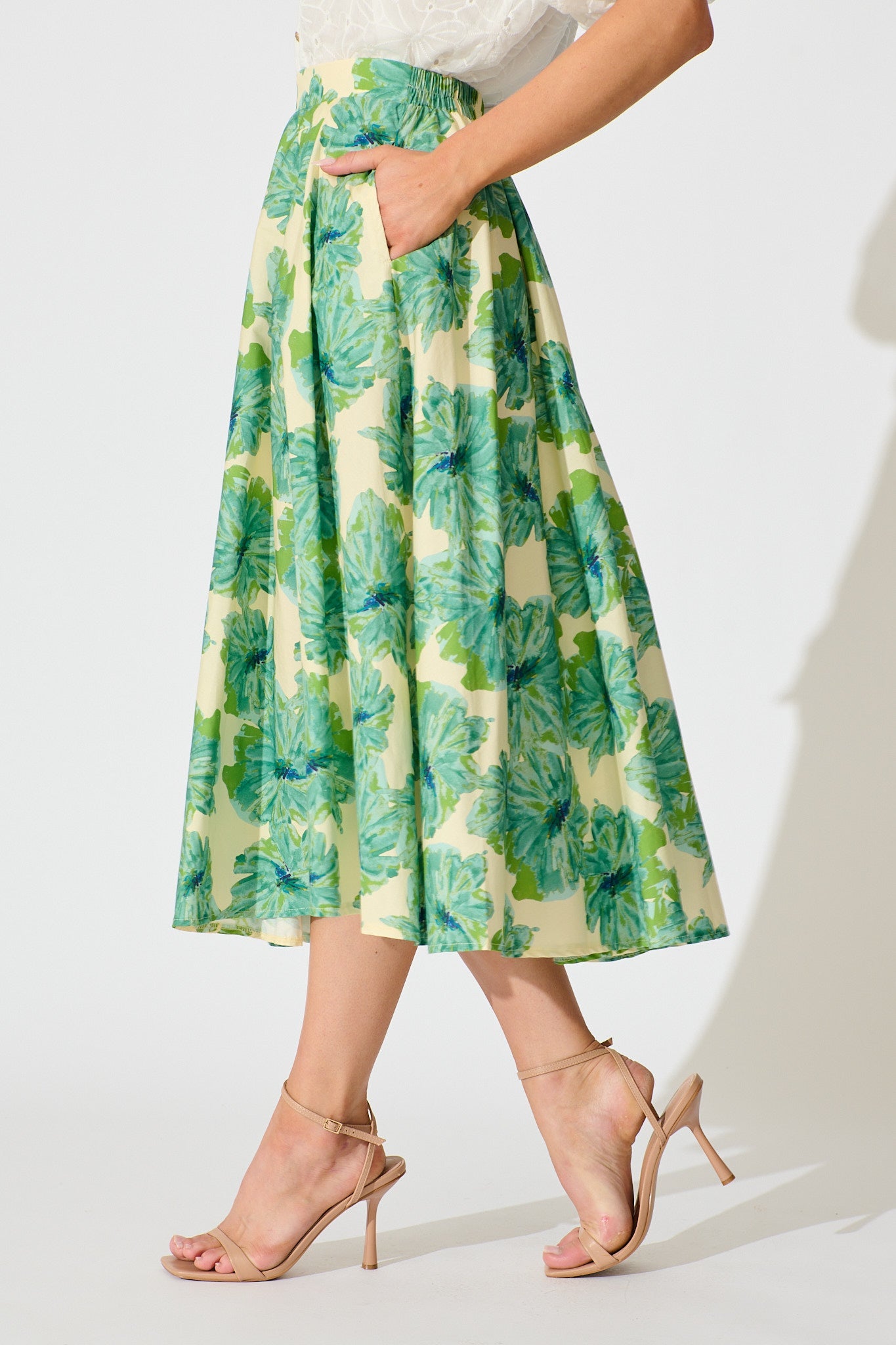 Sunlit Petals Midi Skirt in Green Floral Print Cotton