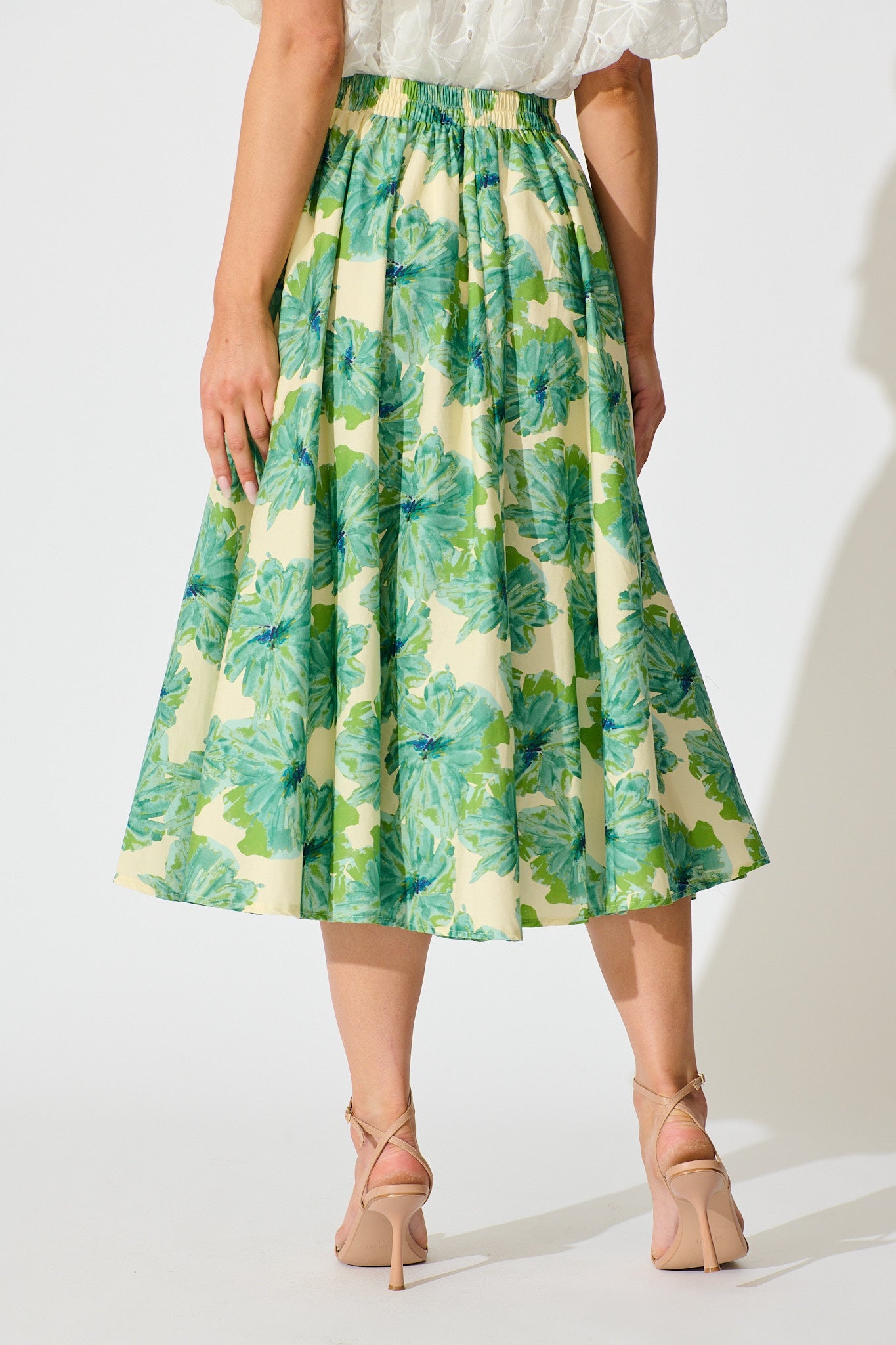 Sunlit Petals Midi Skirt in Green Floral Print Cotton