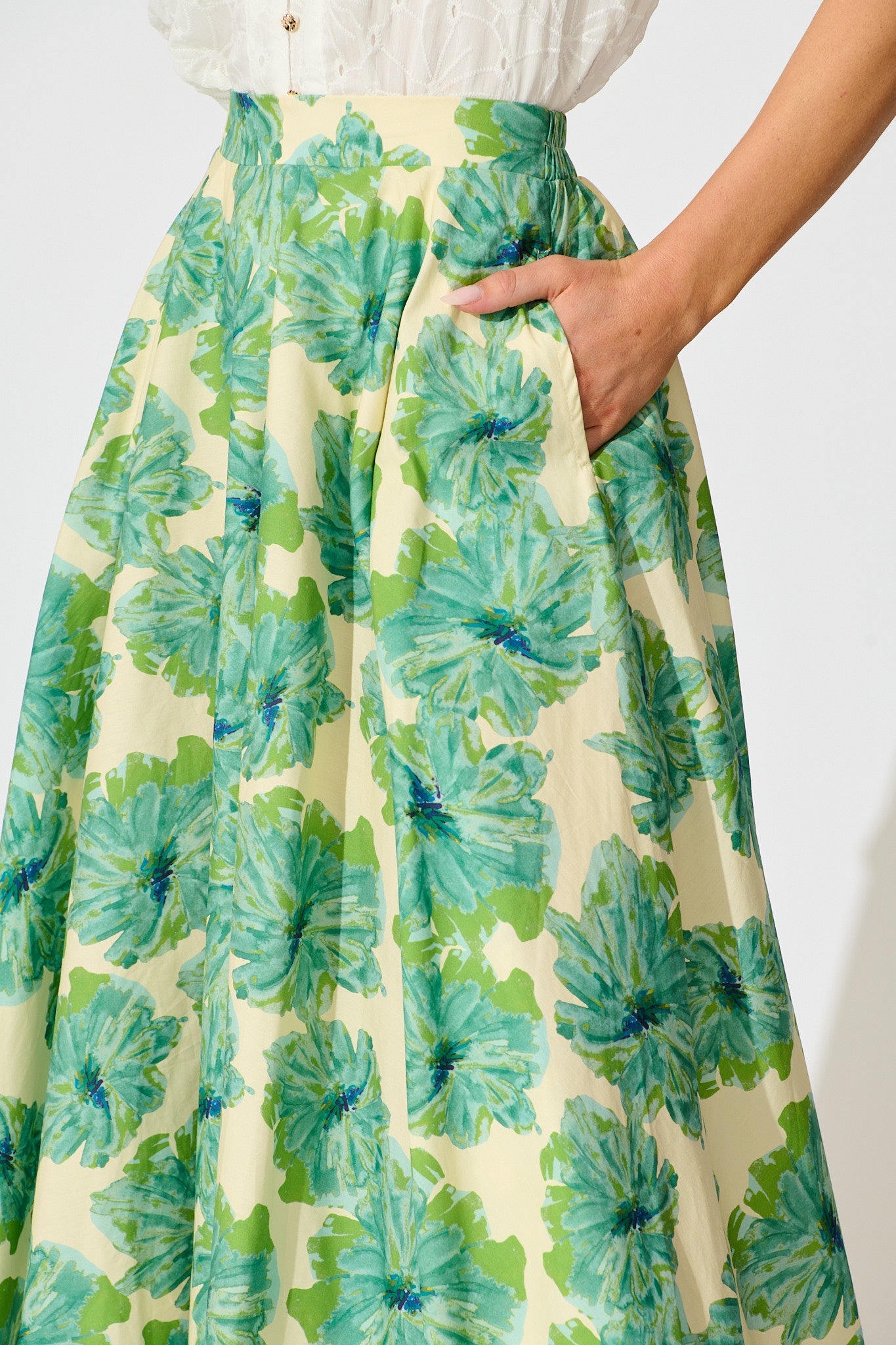 Sunlit Petals Midi Skirt in Green Floral Print Cotton