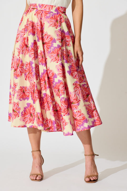 Sunlit Petals Midi Skirt in Pink Floral Print Cotton