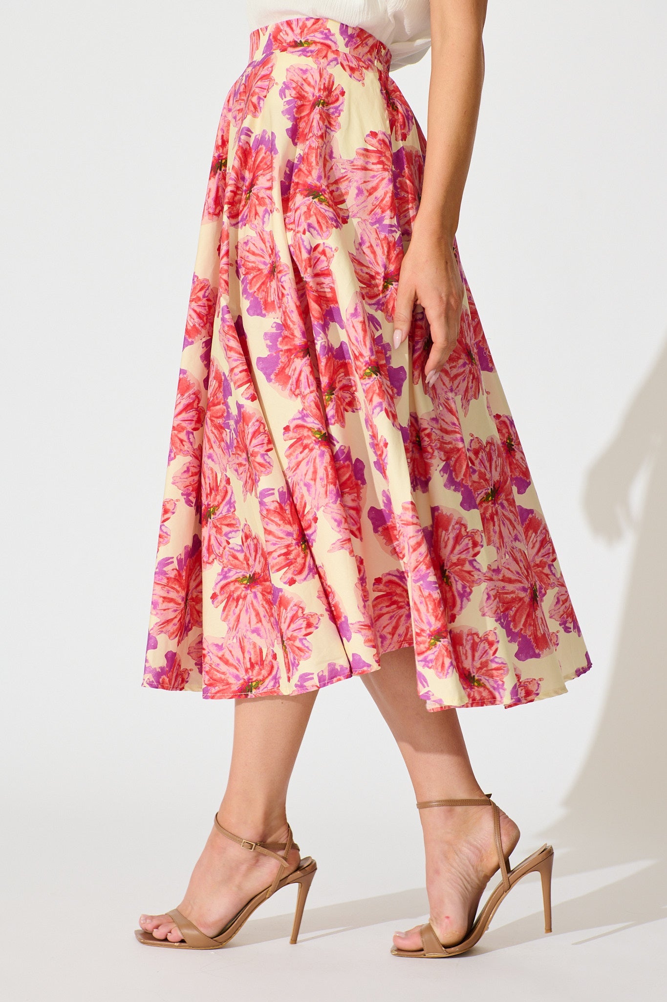 Sunlit Petals Midi Skirt in Pink Floral Print Cotton
