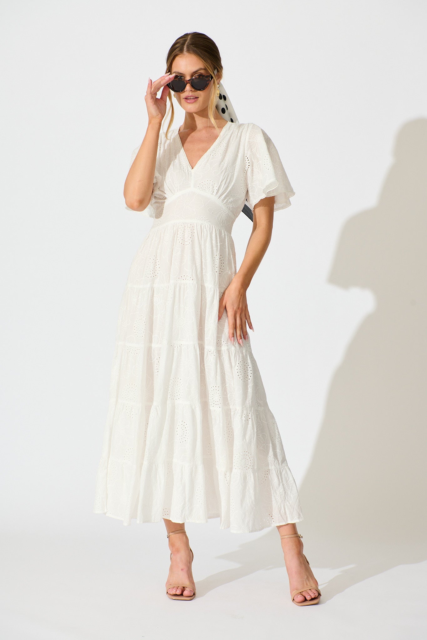 Indra Tierred Maxi Dress In White Embroidered Cotton