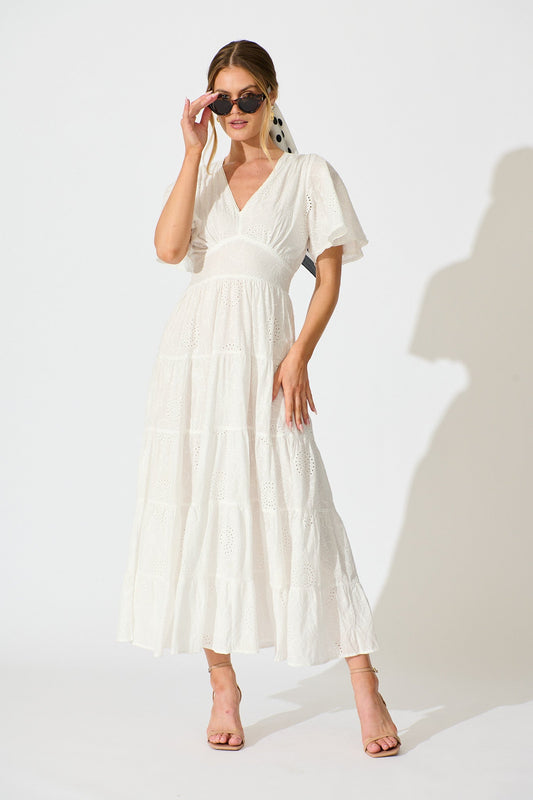 Indra Tierred Maxi Dress In White Embroidered Cotton