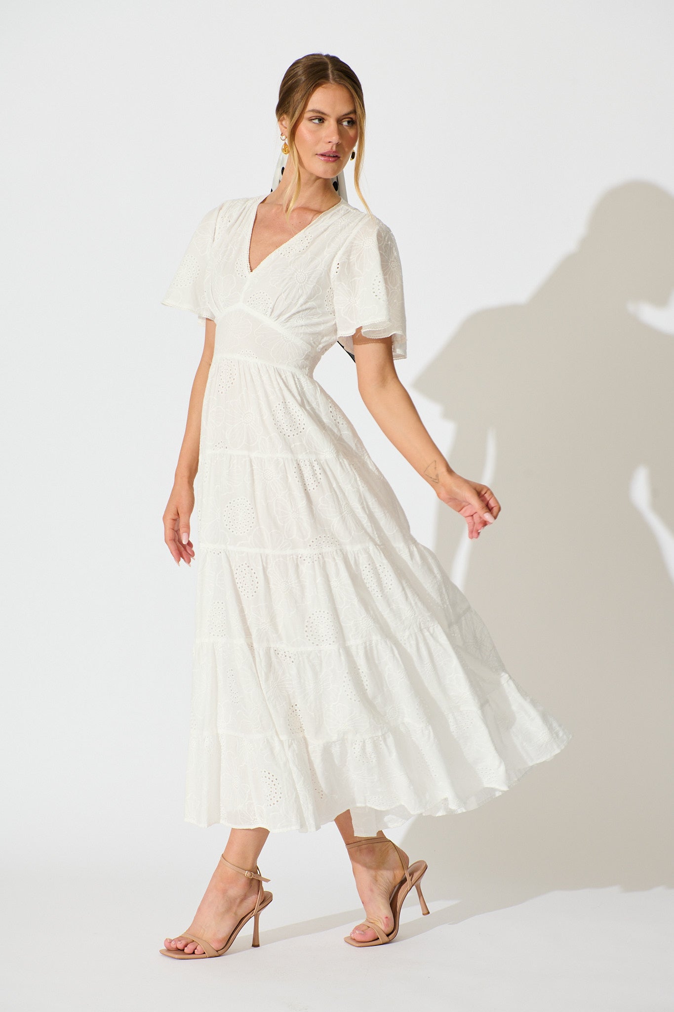 Indra Tierred Maxi Dress In White Embroidered Cotton