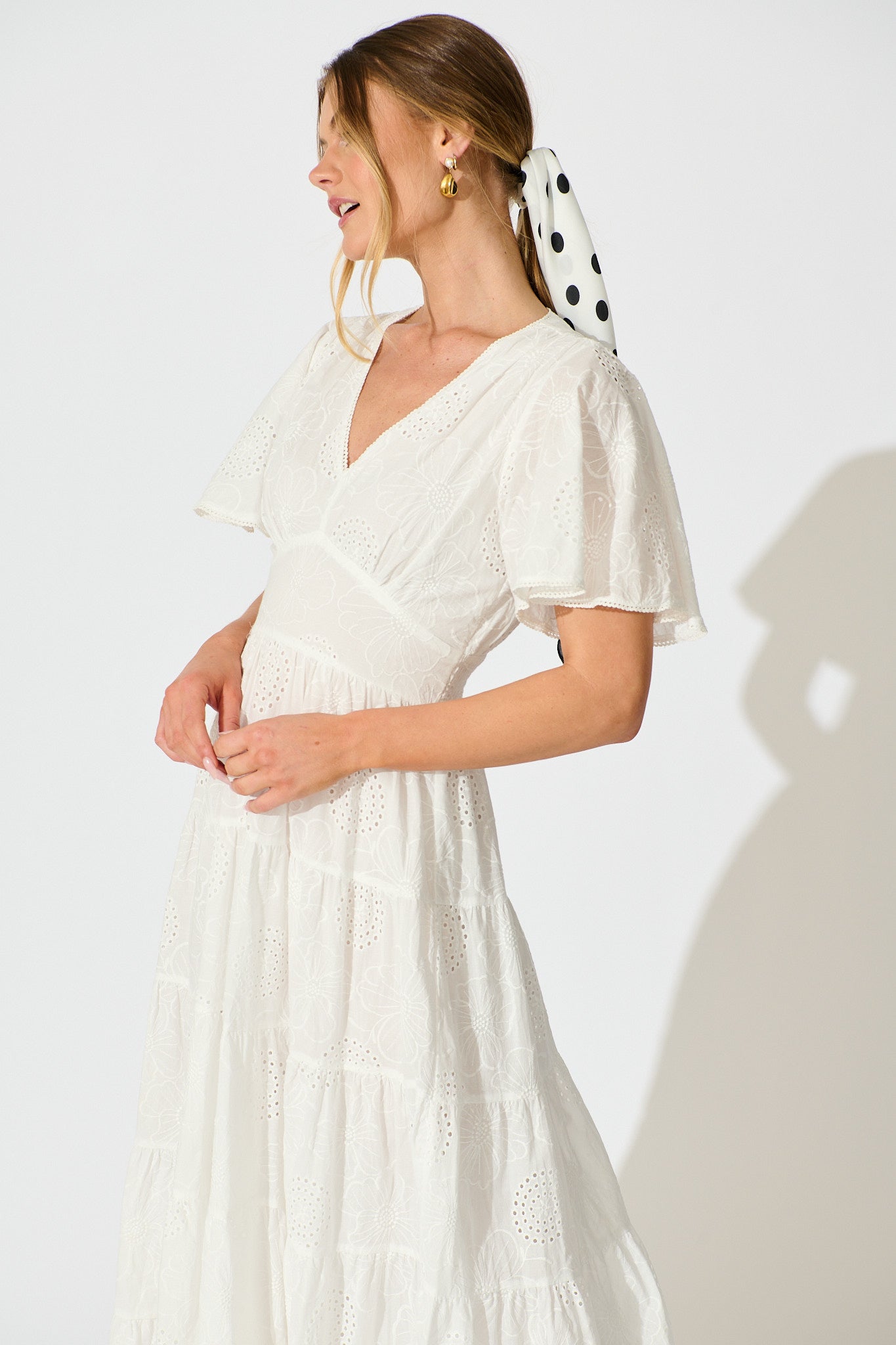 Indra Tierred Maxi Dress In White Embroidered Cotton