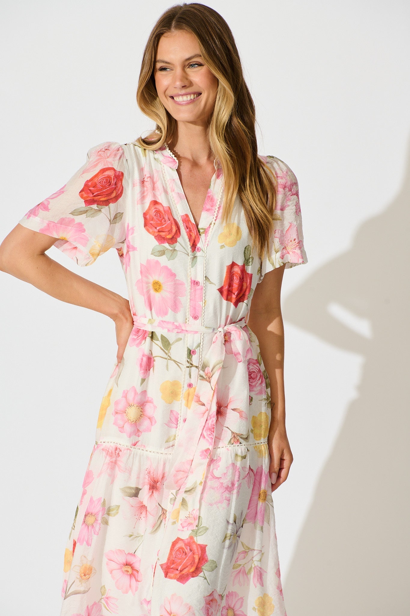 Celene Midi Dress in White with Blush Floral