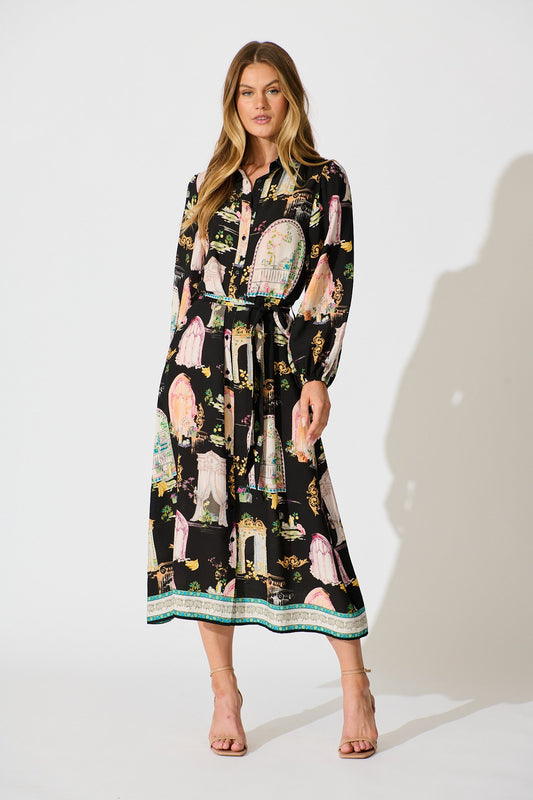 Henley Midi Shirt Dress in Black Multi Print