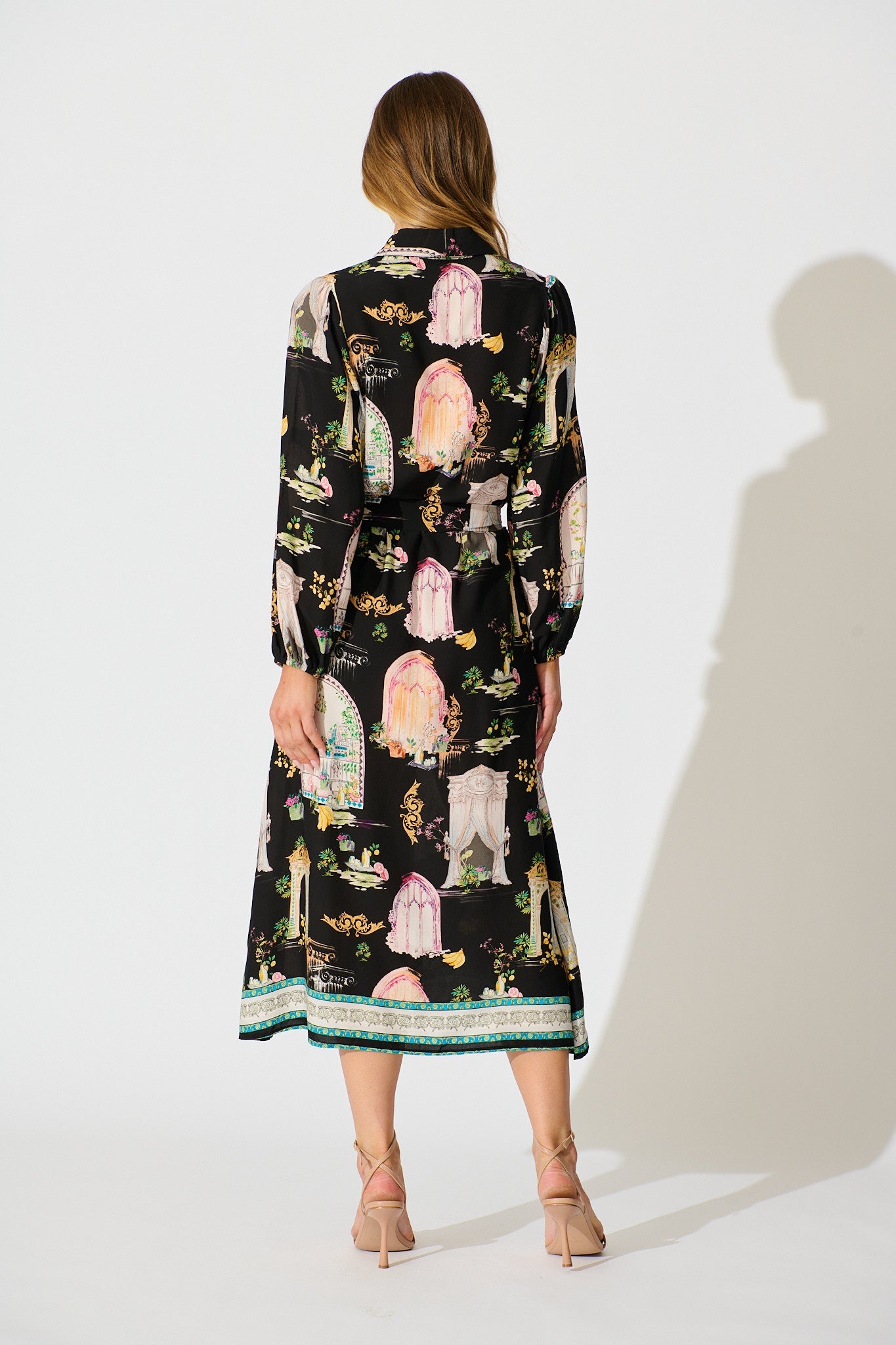 Henley Midi Shirt Dress in Black Multi Print