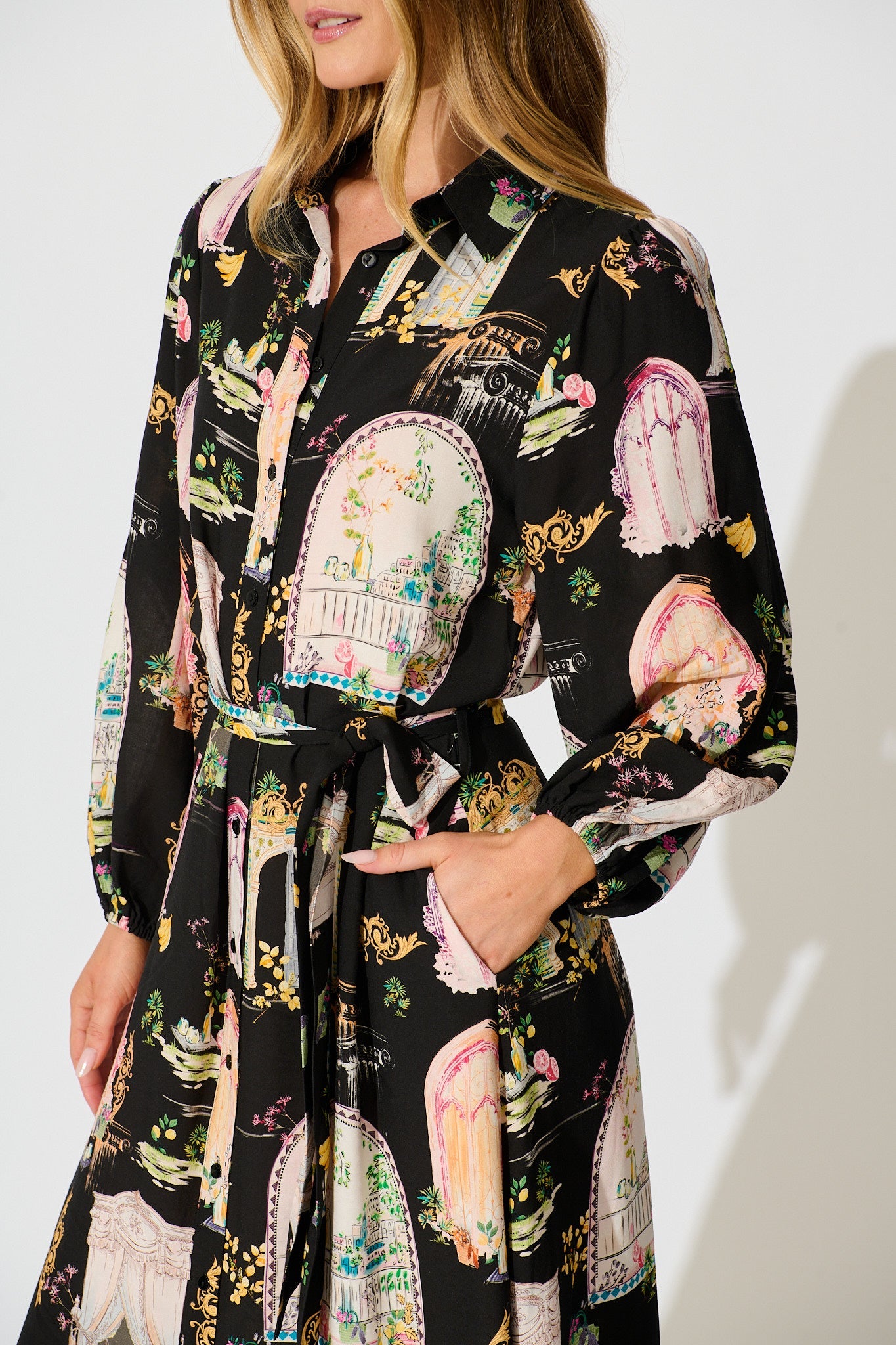 Henley Midi Shirt Dress in Black Multi Print