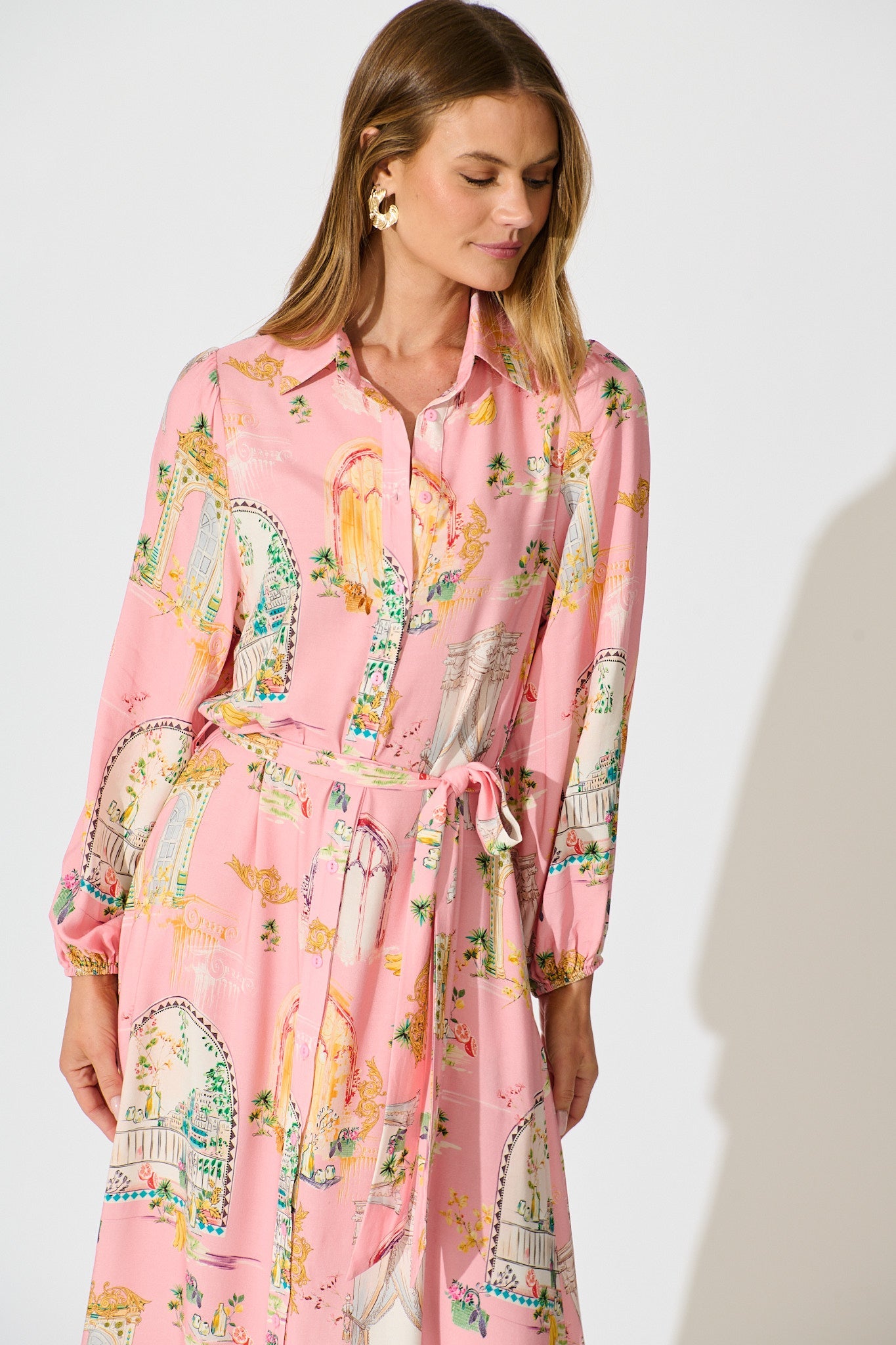 Henley Midi Shirt Dress in Pink Multi Print