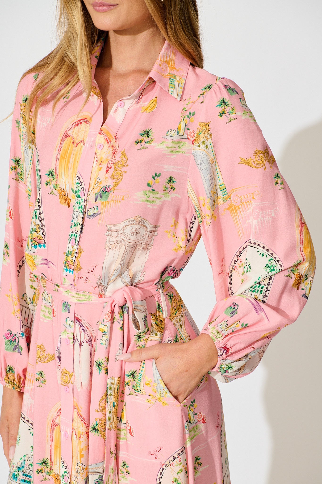 Henley Midi Shirt Dress in Pink Multi Print