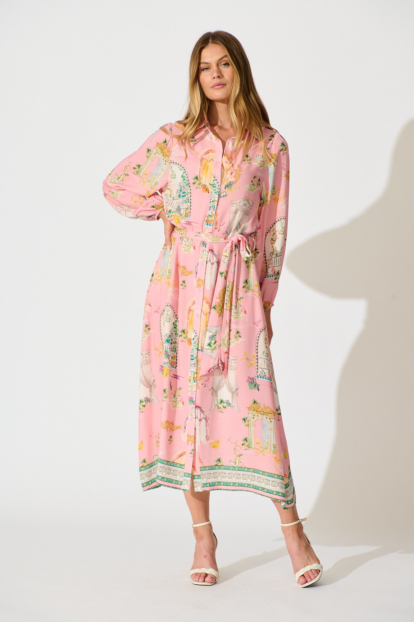 Henley Midi Shirt Dress in Pink Multi Print