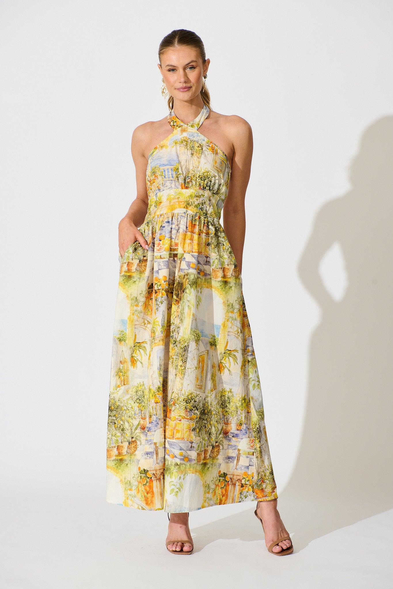 Dinah Halter Neck Maxi Dress in Yellow Multi Mediterranean Cotton