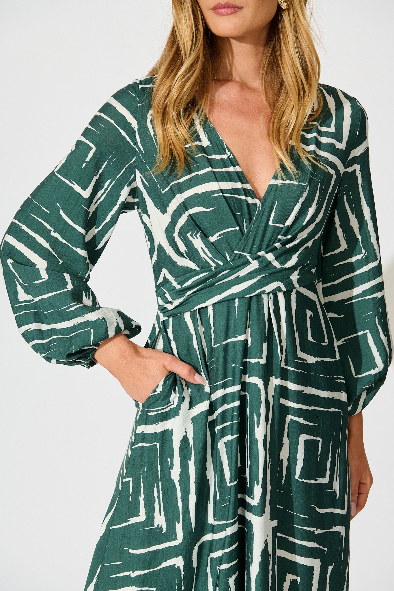 Suzanna Midi Dress in Green Geometric Print