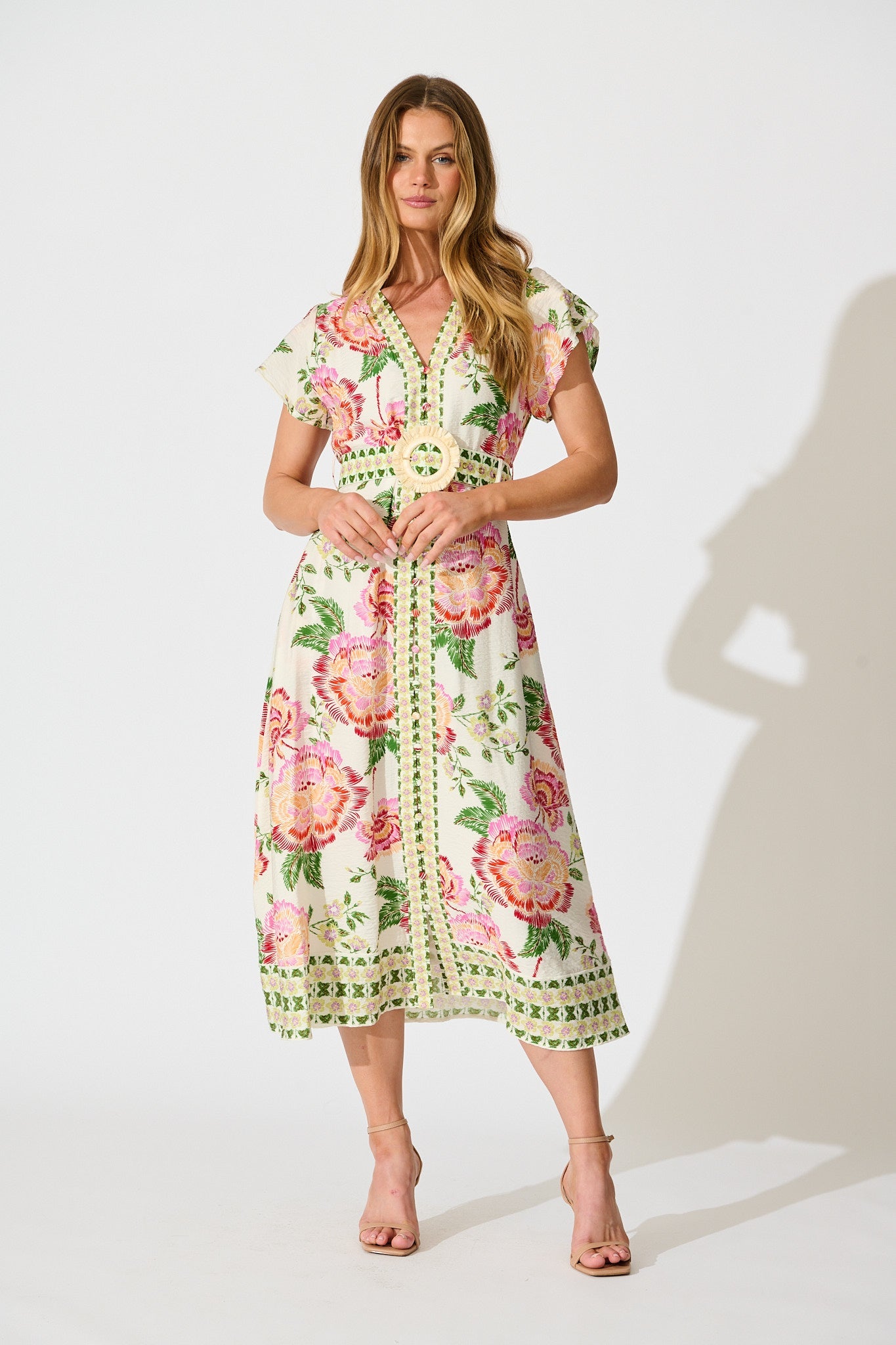 Portofino Bloom Midi dress in Cream with Pink Floral