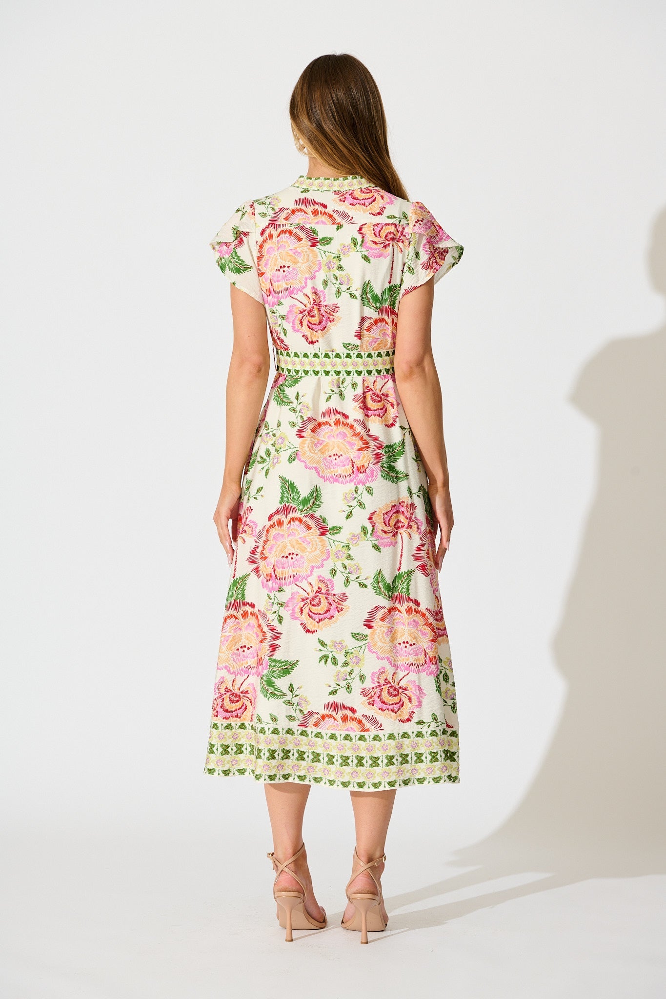 Portofino Bloom Midi dress in Cream with Pink Floral