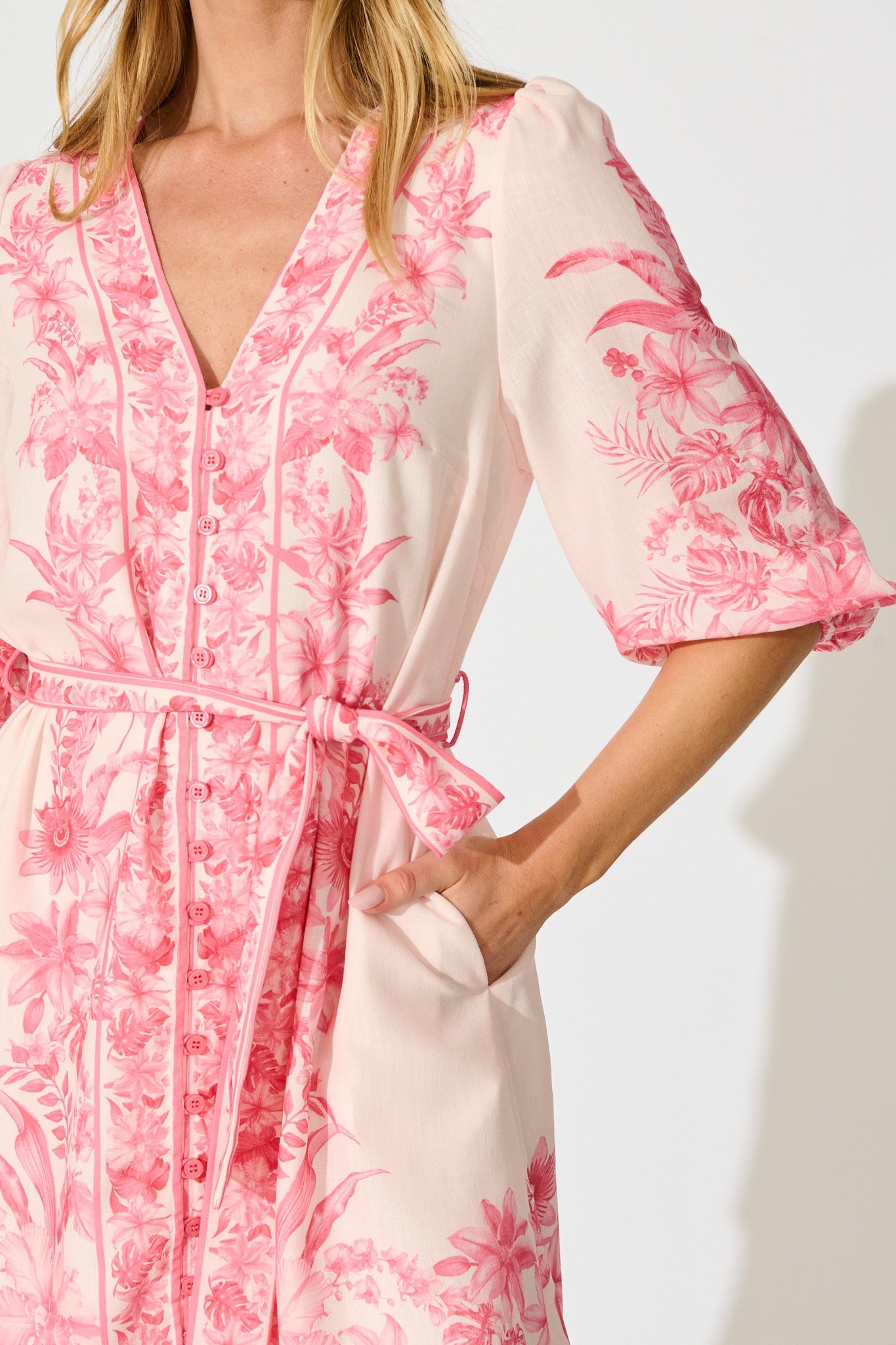 Talara Dress in Pink Floral Linen Blend