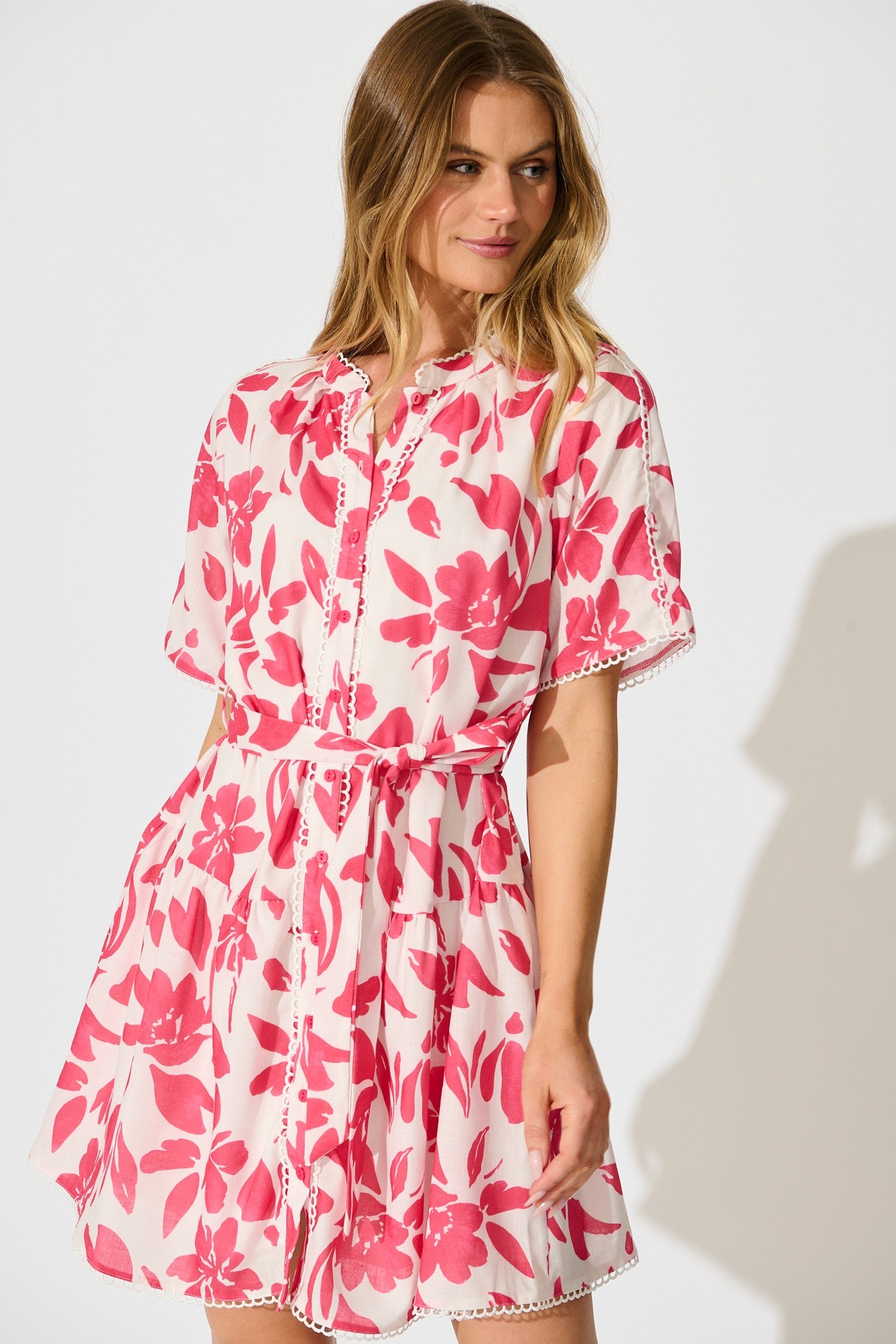Emiliana Dress in White with Pink Floral Linen Blend