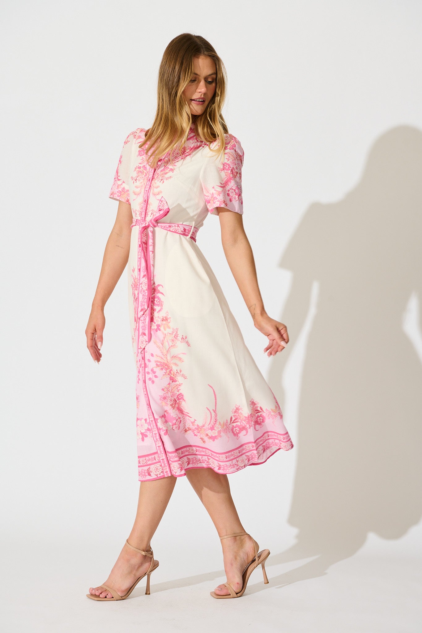 Aveta Midi Shirt Dress in Cream with Pink Floral Linen Blend