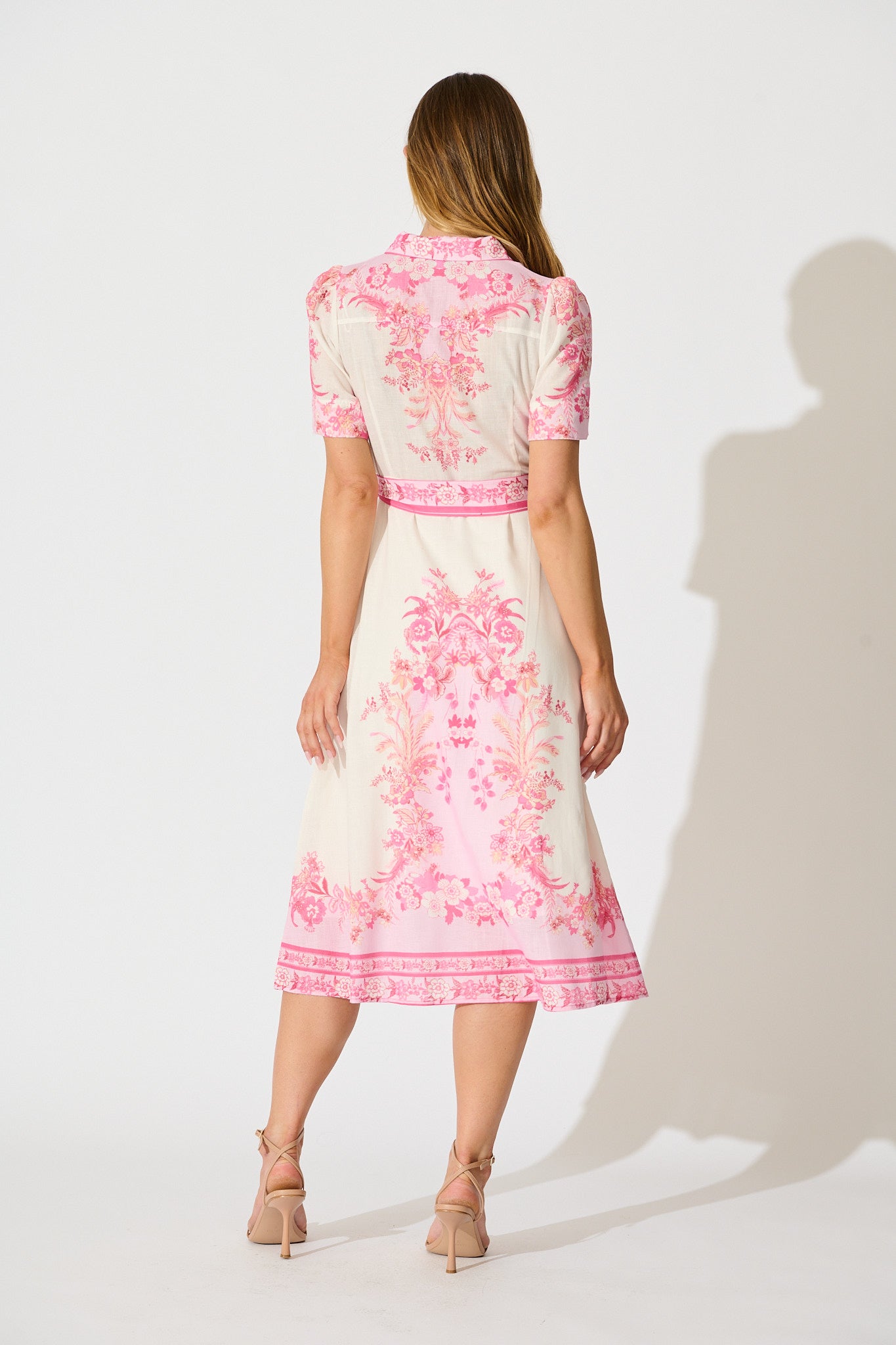Aveta Midi Shirt Dress in Cream with Pink Floral Linen Blend