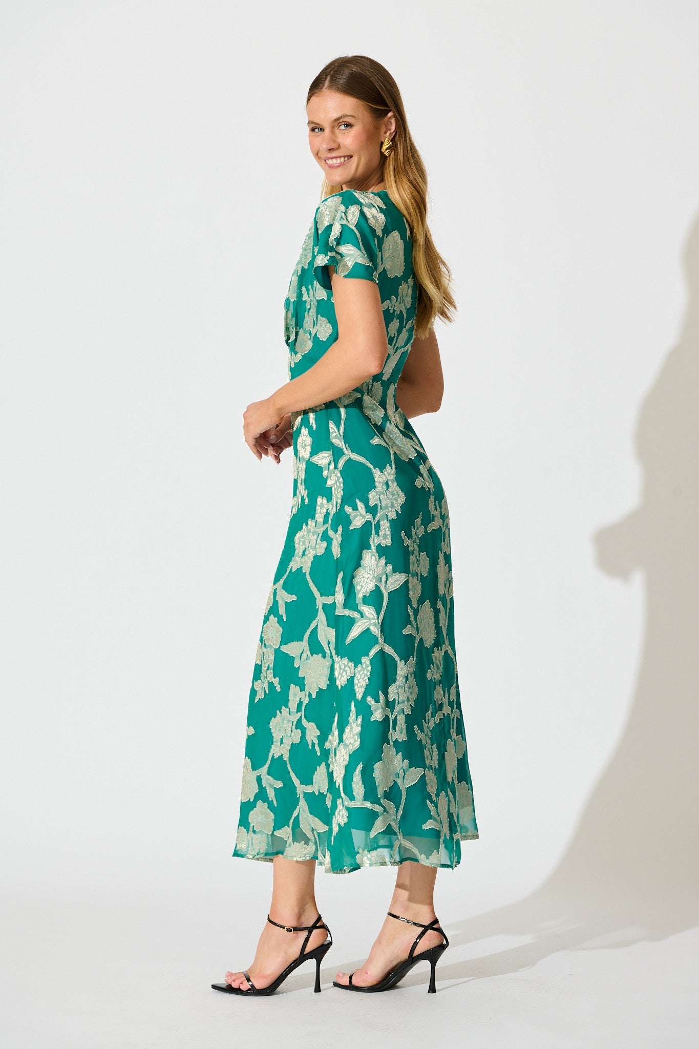 Maelis Maxi Dress in Teal and Gold Burnout Chiffon