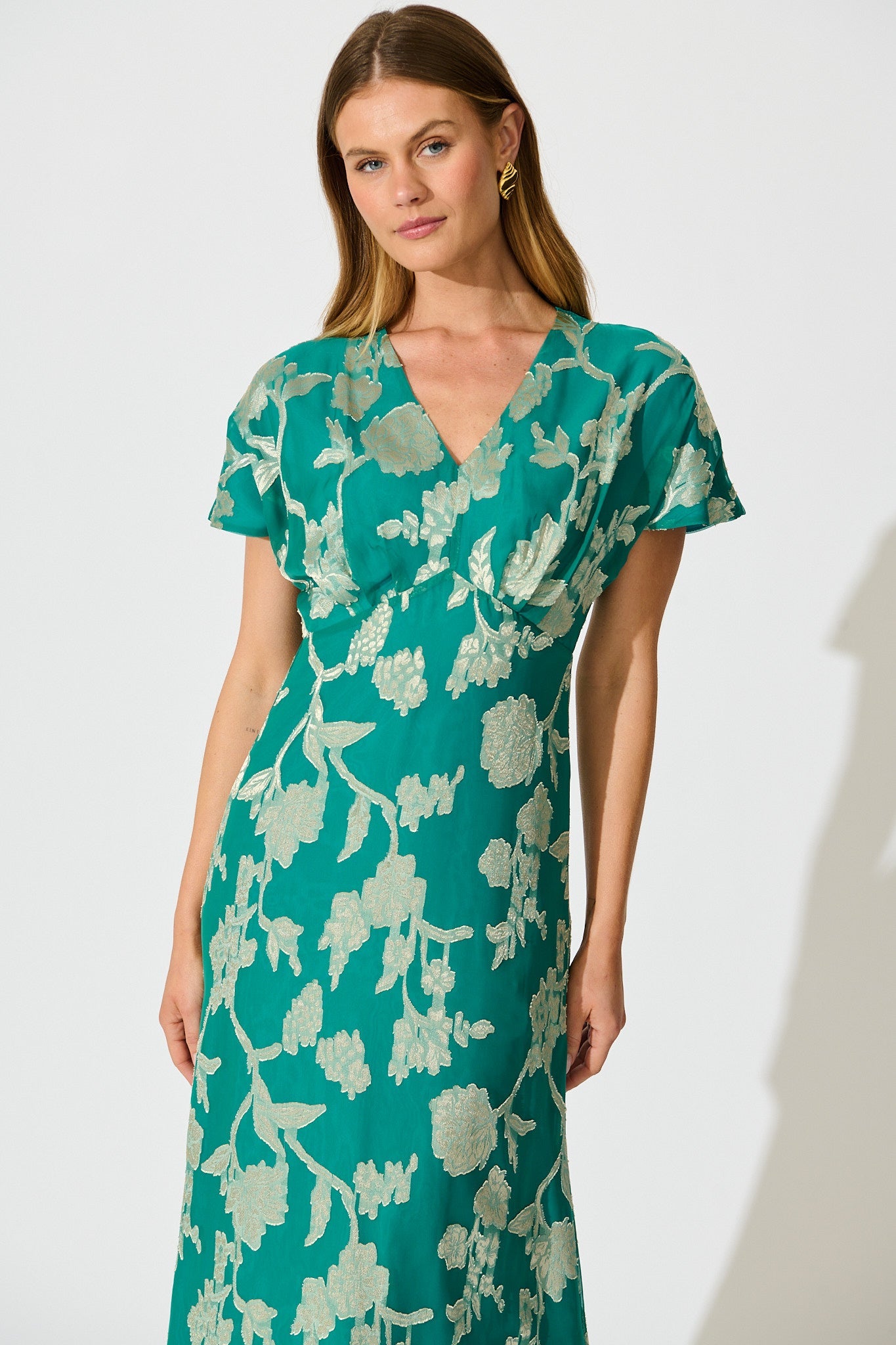 Maelis Maxi Dress in Teal and Gold Burnout Chiffon