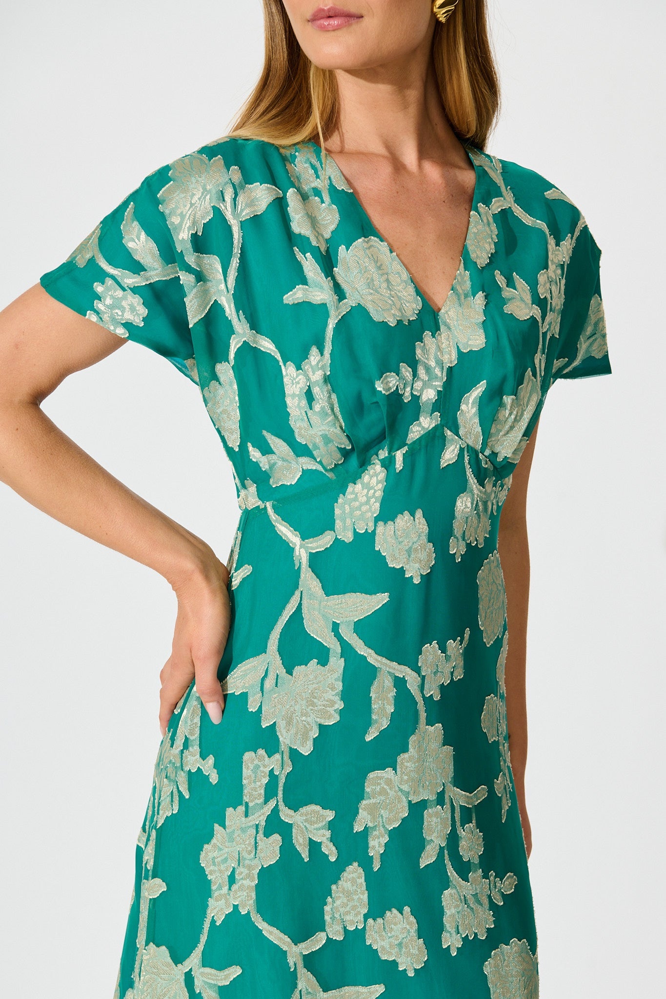 Maelis Maxi Dress in Teal and Gold Burnout Chiffon