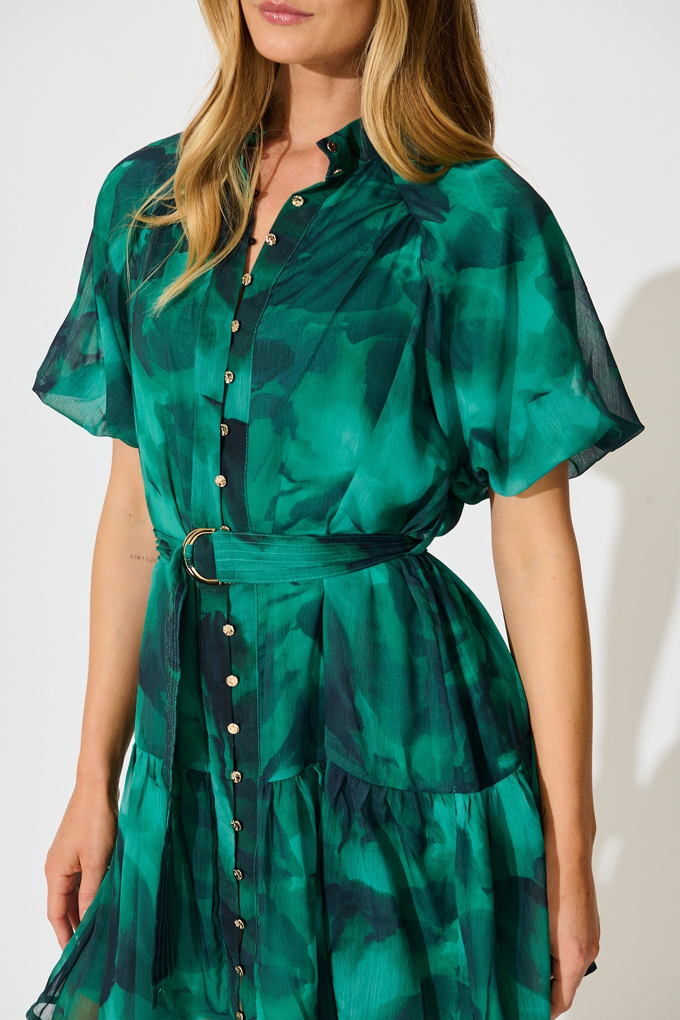 Dawnfall Dress in Green Watercolour Chiffon