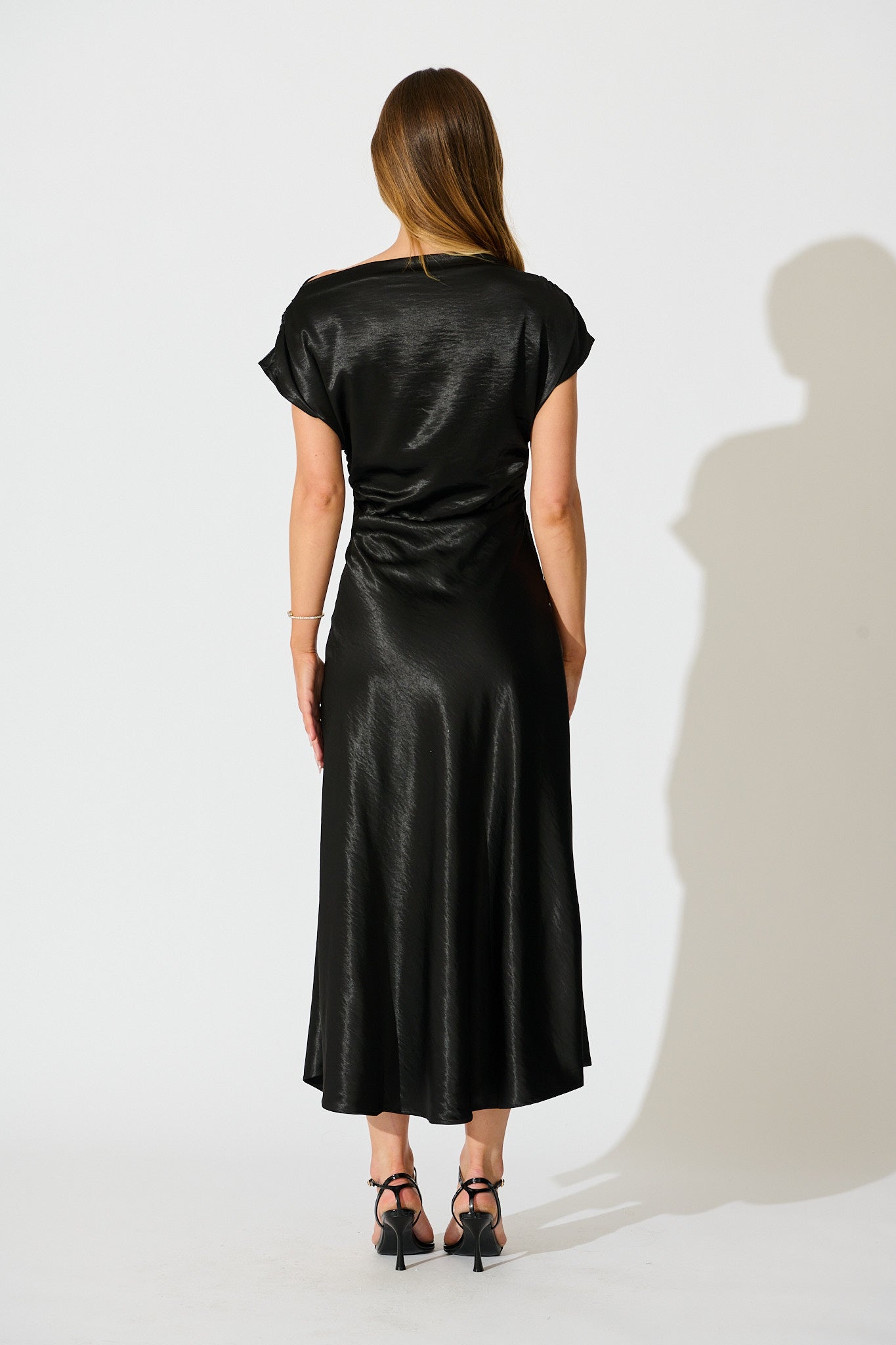 Satin Glow Off Shoulder Maxi Dress in Black Satin