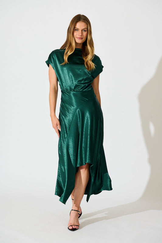 Satin Glow Off Shoulder Maxi Dress in Emerald Satin