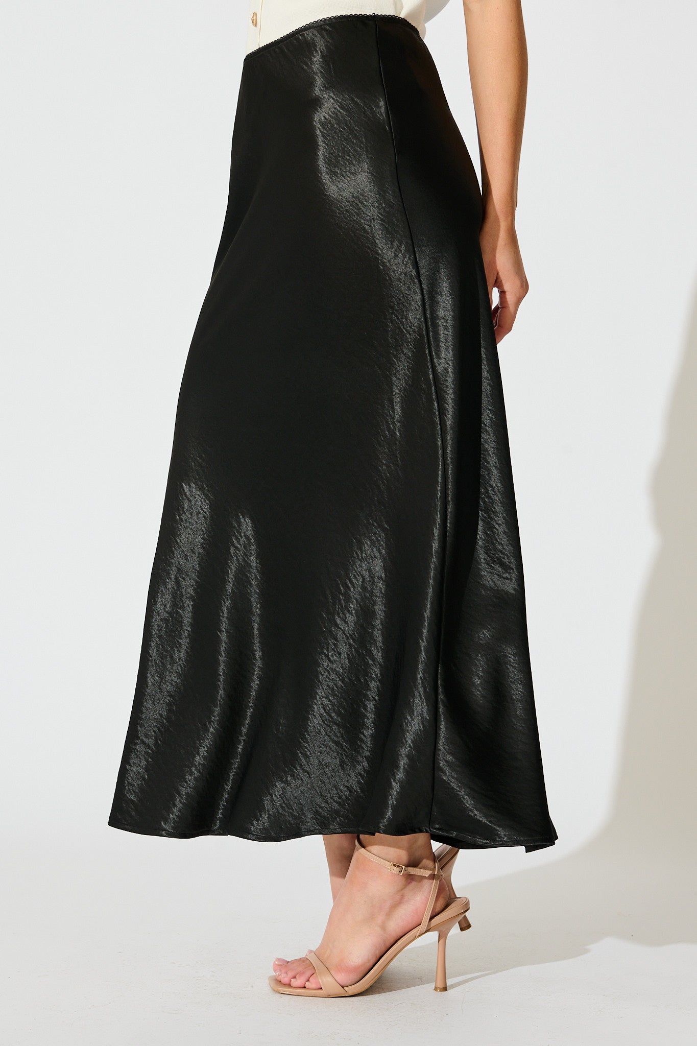 Satin Poise Midi Skirt in Black