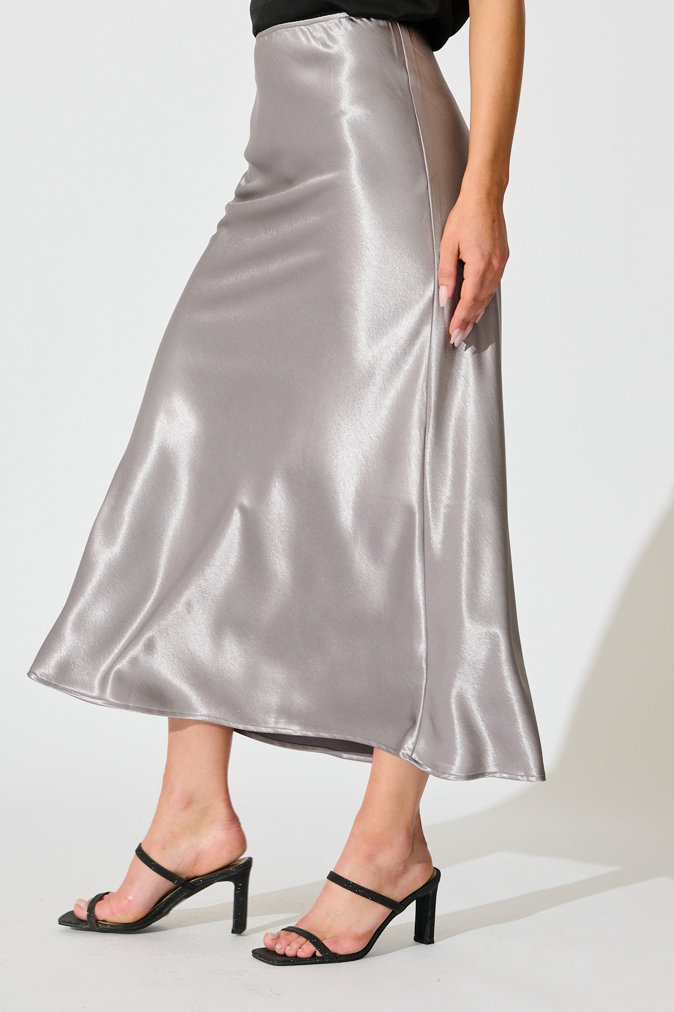 Satin Poise Midi Skirt in Grey