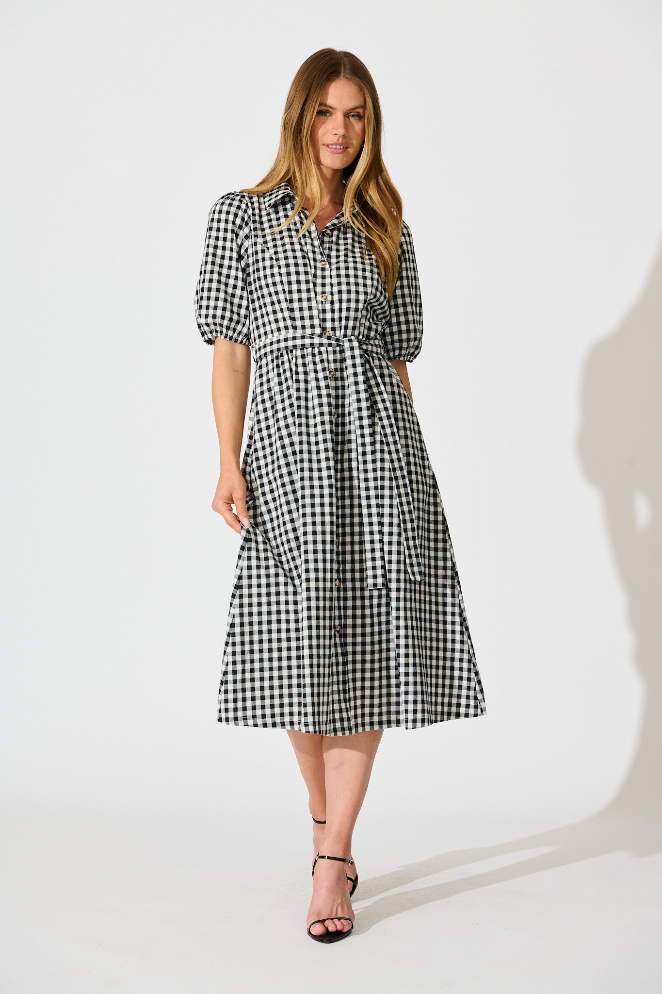 Elianna Midi Shirt Dress in Black and White Gingham Cotton