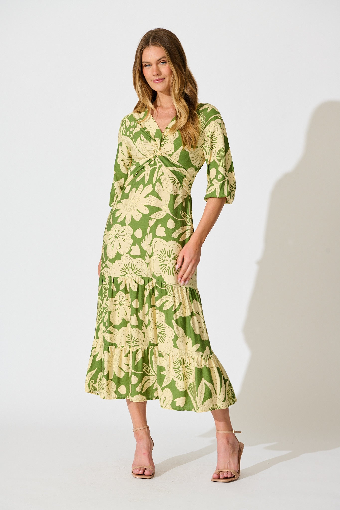 Sonnet Midi Dress in Green with Cream Floral