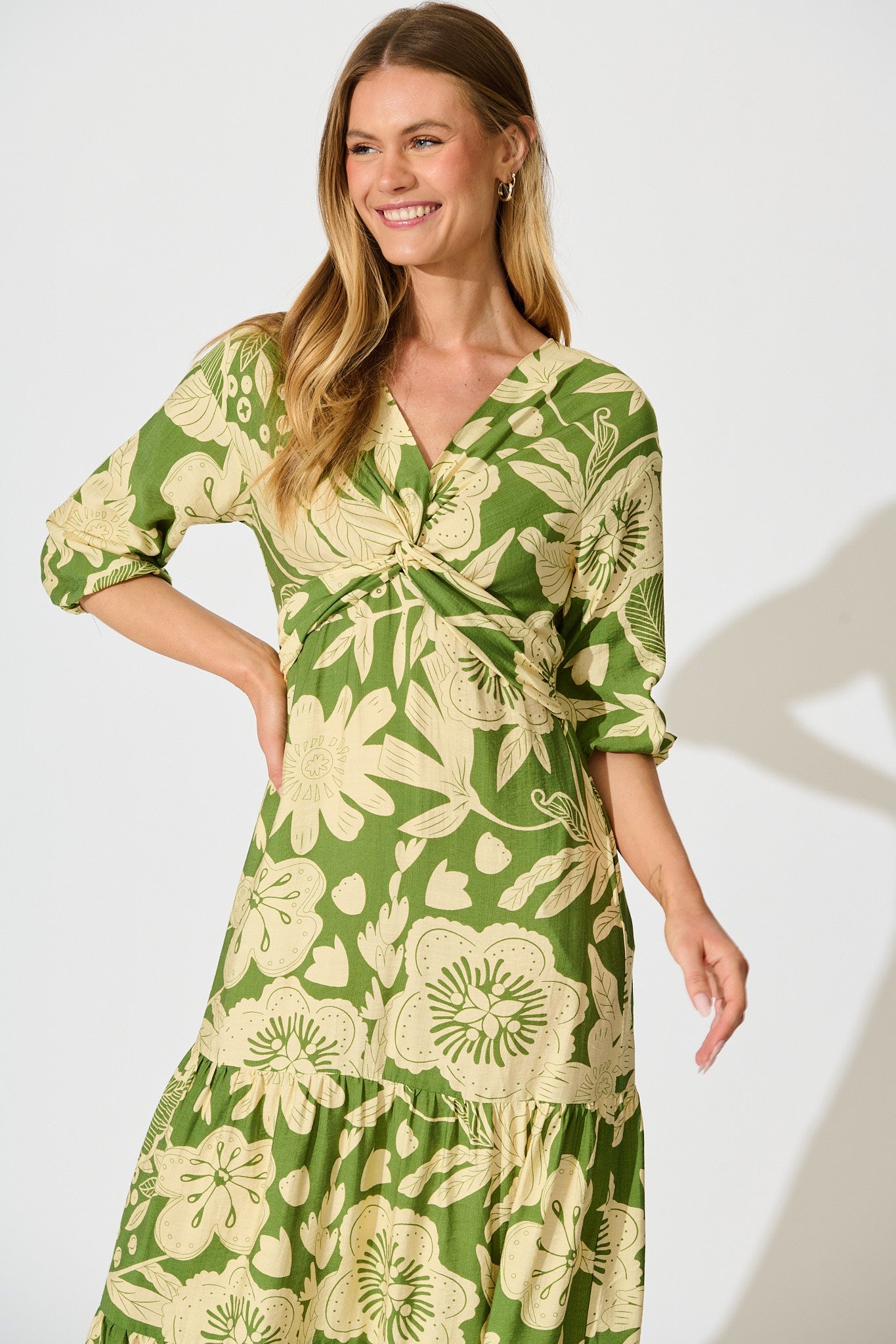 Sonnet Midi Dress in Green with Cream Floral